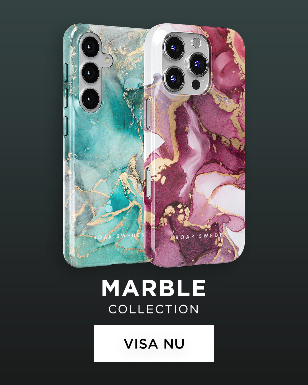 Four smartphones with artistic, marbled cases in various colors, showcased against a dark, textured background. text labels them as part of the 