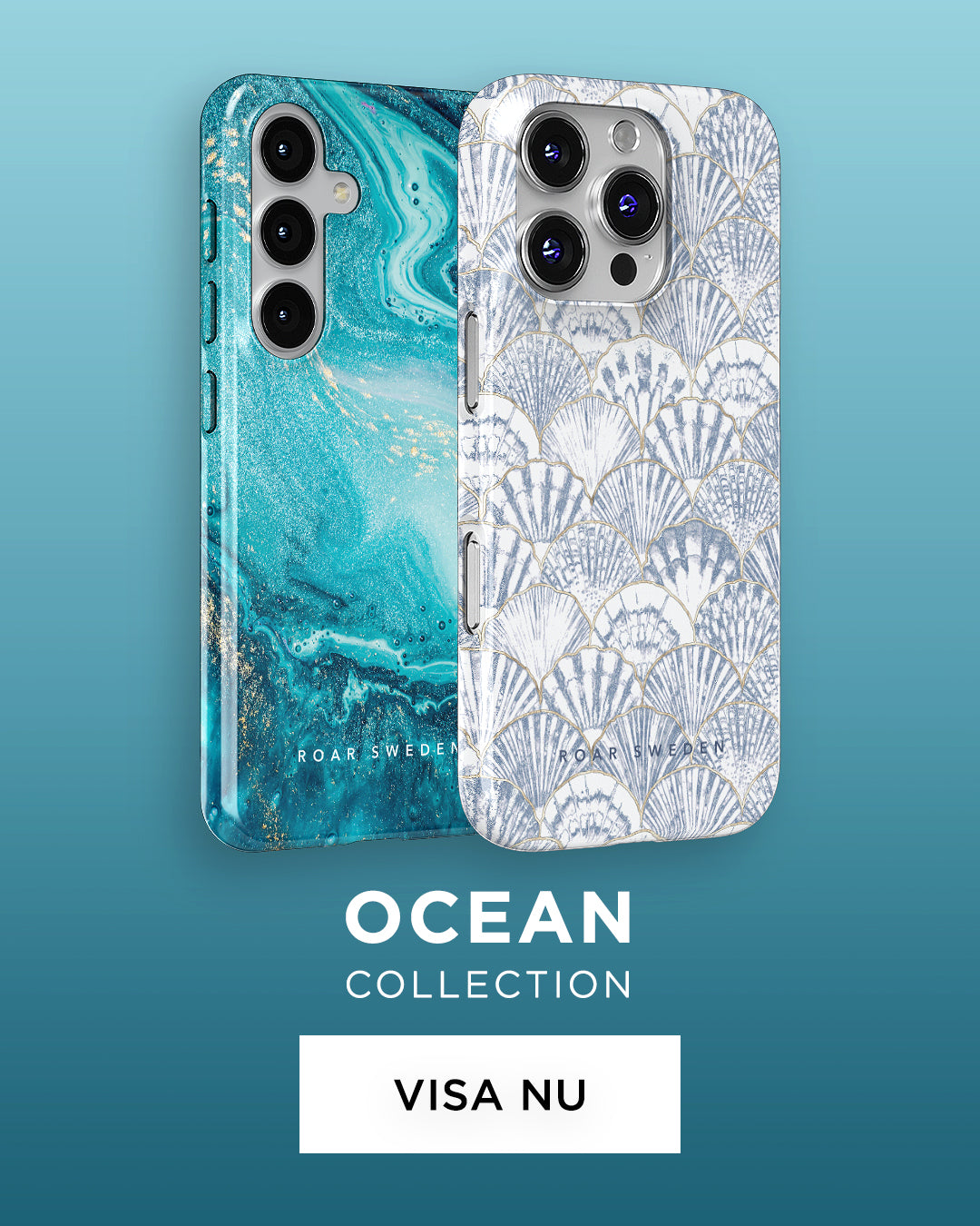 Three smartphone cases with ocean-themed designs from the 