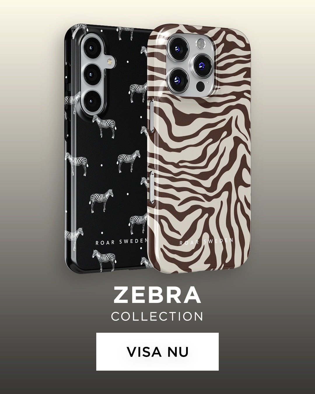 A collection of phone cases with various zebra-themed designs.