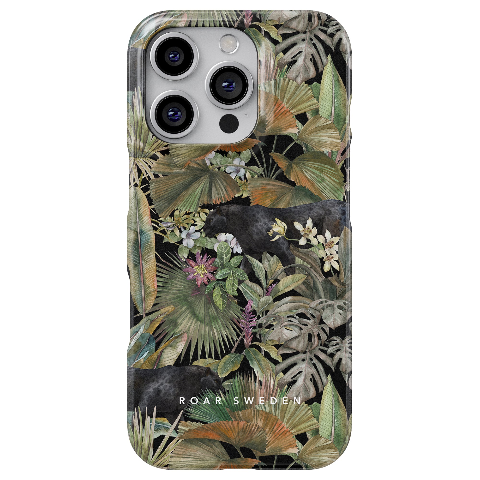 Bagheera - Slim case smartphone-skal har ett tropiskt tema med botaniska detaljer, som löv och blommor, tillsammans med två slående silhuetter av svarta pantrar.