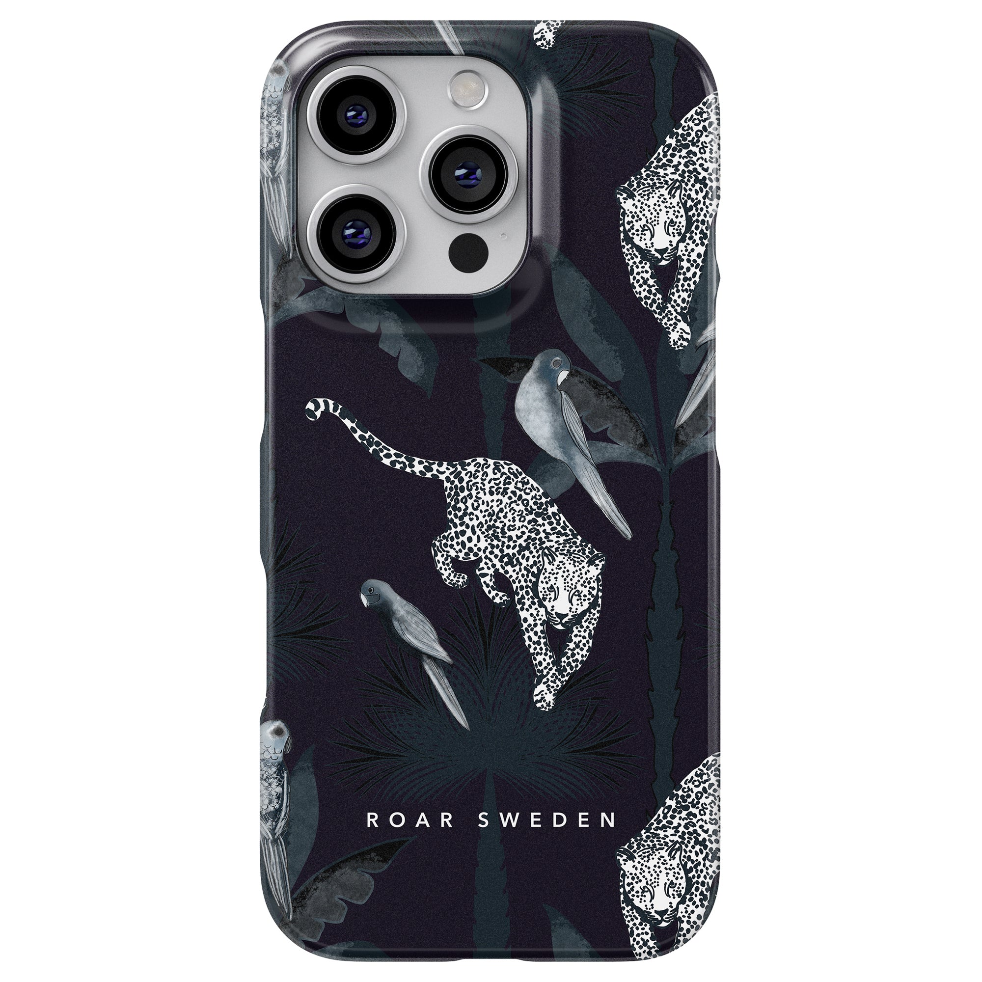 Tunt fodral med leoparddesign med vita leoparder och fåglar på mörk bakgrund, tillsammans med texten "ROAR SWEDEN" längst ner, tillverkad av högsta kvalité-material.