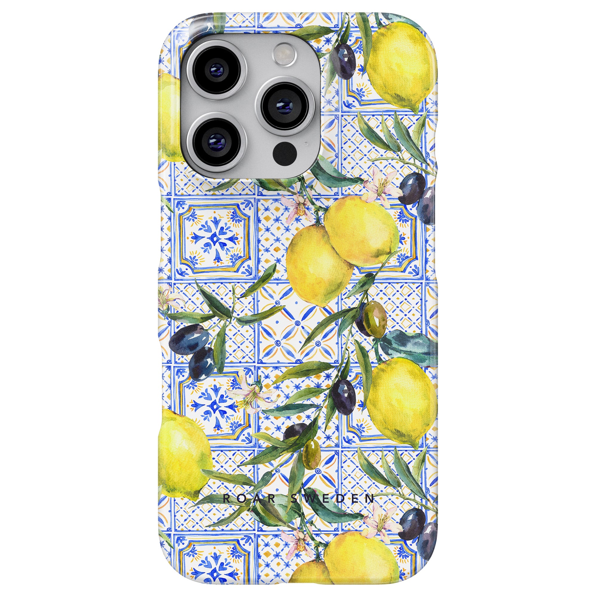 Amalfi - Slim Case som visar en design med citroner, oliver och medelhavsblått kakelmönster på en vit bakgrund. En del av vår exklusiva italienska kollektion.