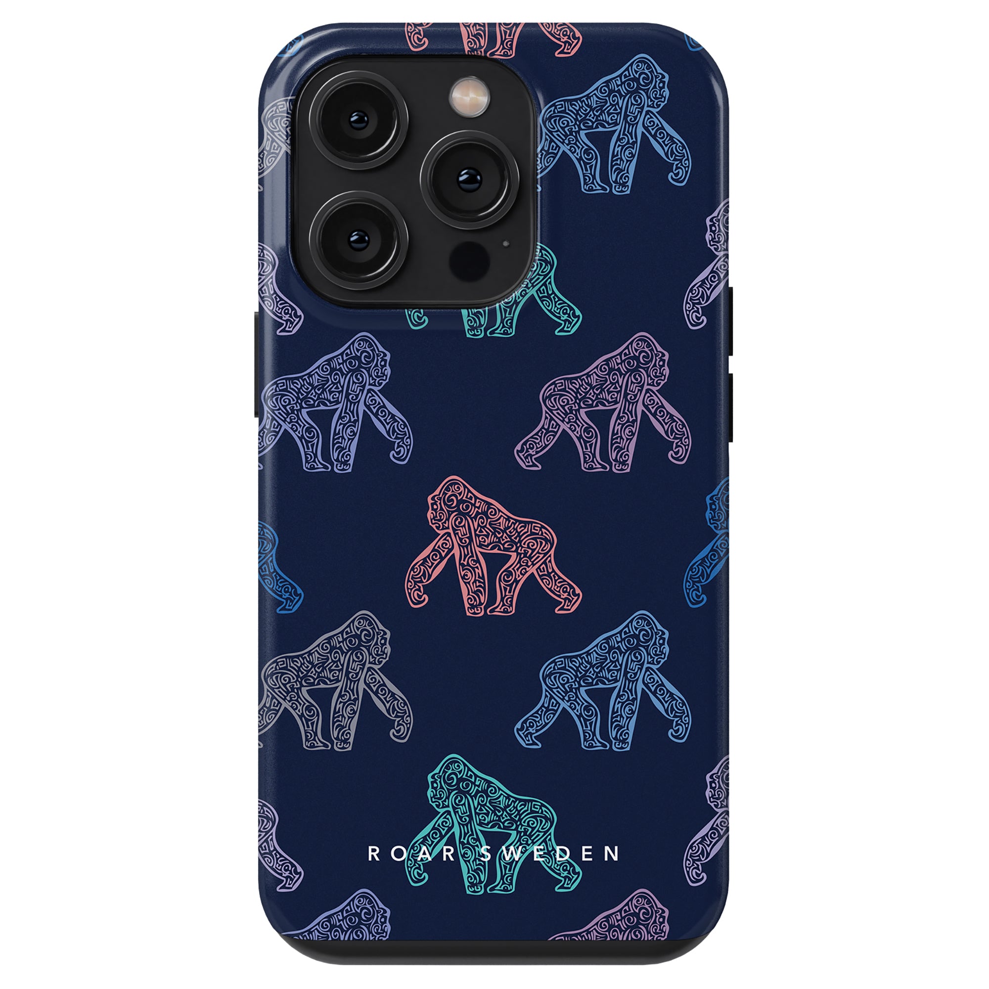 The Ancient Gorilla - Tough case is a smartphone accessory with a dark blue exterior adorned with an intricate, colorful gorilla pattern in various shades, along with "ROAR SWEDEN" elegantly printed at the bottom. This case features stöttålig skyddsteknologi for enhanced durability.