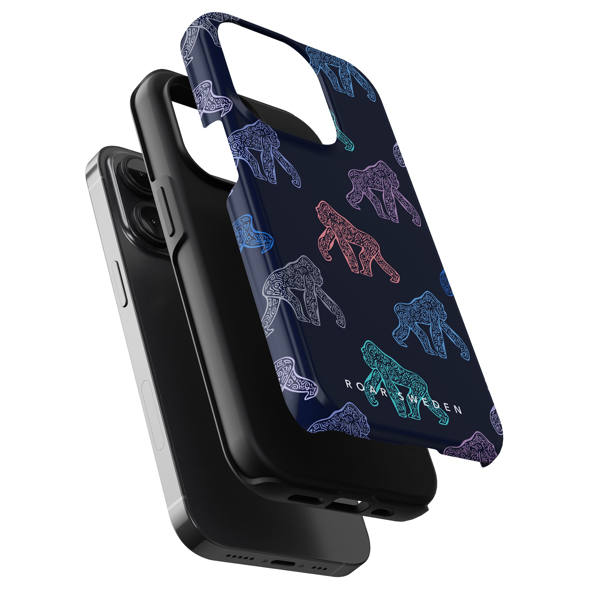 The stack consists of a smartphone and two phone cases. The uppermost case, named Ancient Gorilla - Tough Case, boasts a navy background adorned with vibrant printed patterns for enhanced durability. Beneath it is a black mobilskal hållbarhet case, with the smartphone positioned at the very bottom.