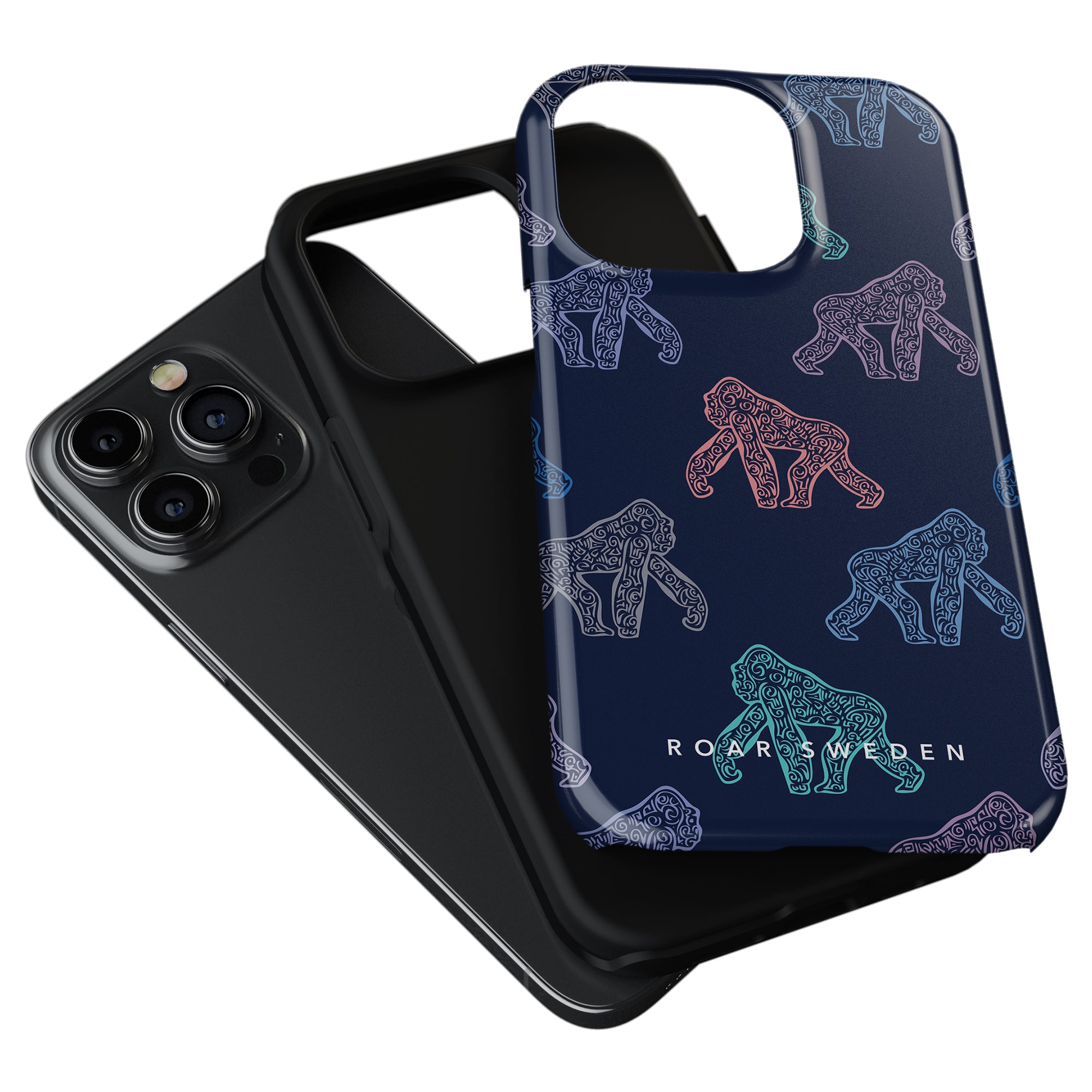 Displayed are two smartphone cases: one in plain black and the other adorned with a colorful, patterned design of elephants on a dark blue background. Utilizing Ancient Gorilla - Tough case technology, these mobilskal provide stöttålig skyddsteknologi and durability, ensuring your device is both protected and stylish.