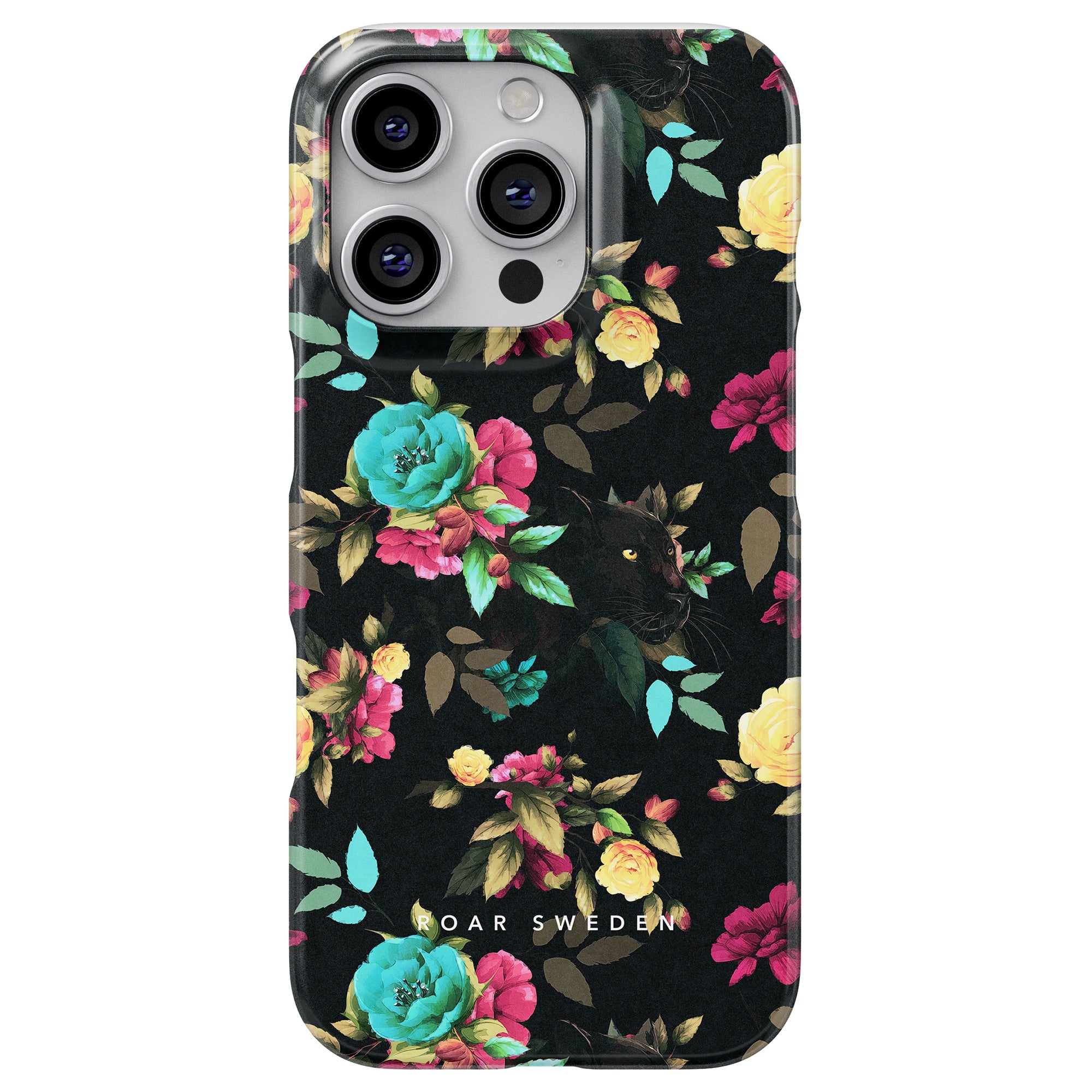 a phone case with flowers on a black background