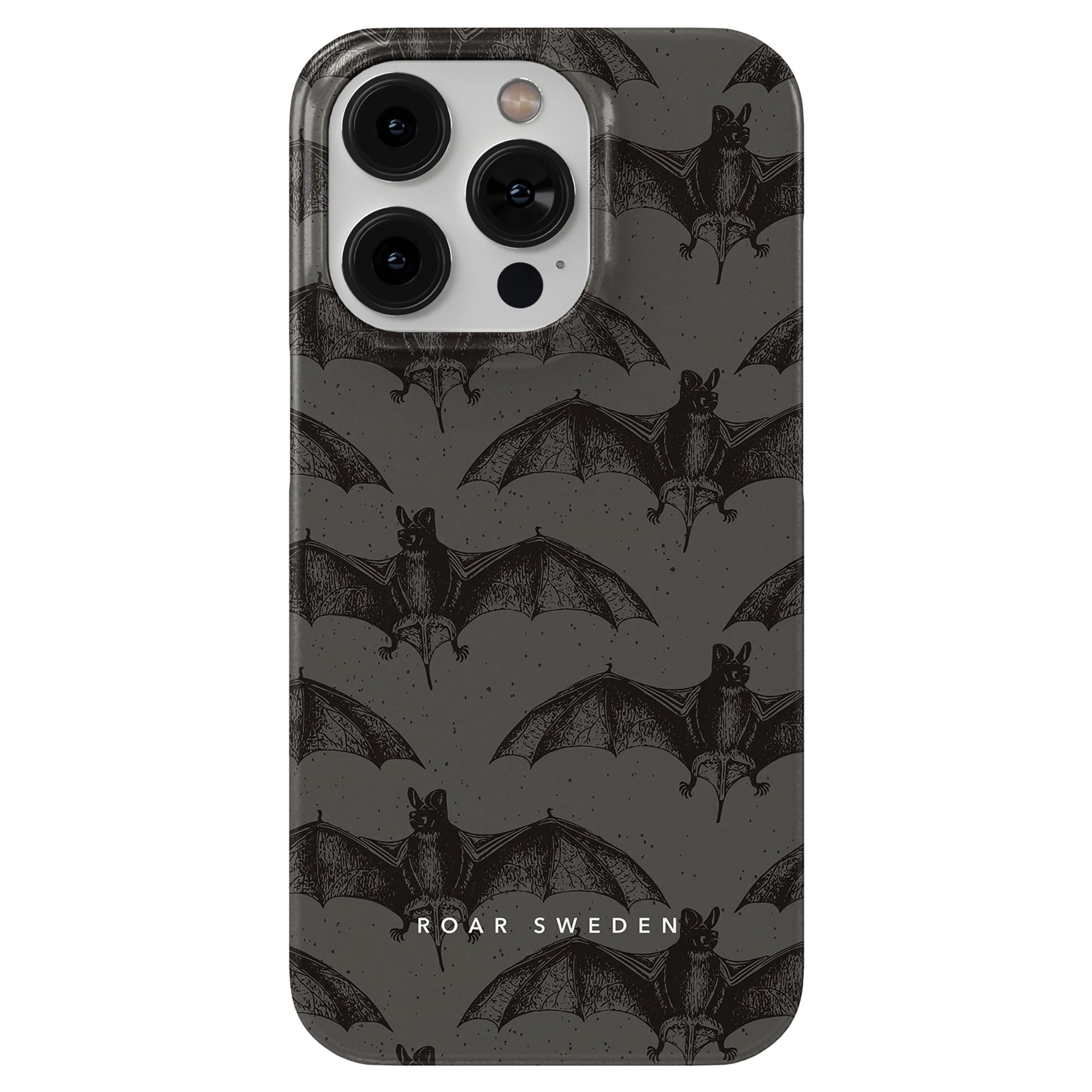 A slim case smartphone called "Bats - Slim case" featuring a dark-colored design with repeated fladdermöss patterns and the text "ROAR SWEDEN" at the bottom.