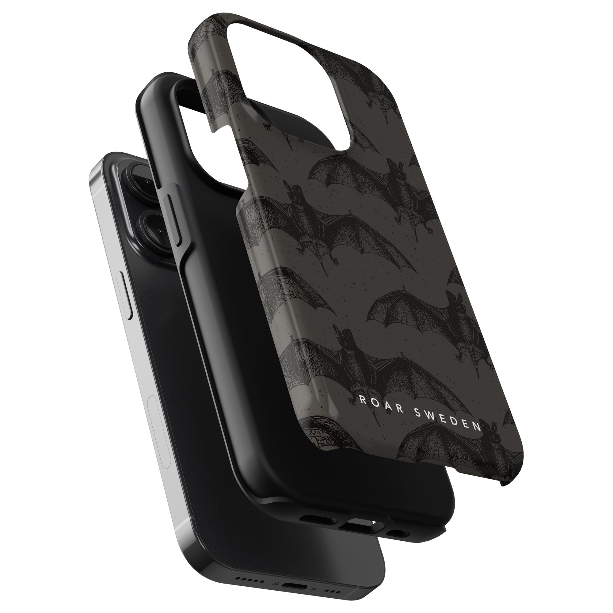 Three phone cases in black and dark grey, featuring Bats designs, are arranged vertically to showcase different angles. These stylish mobilskal are labeled "Bats - Tough case" by Roar Sweden.