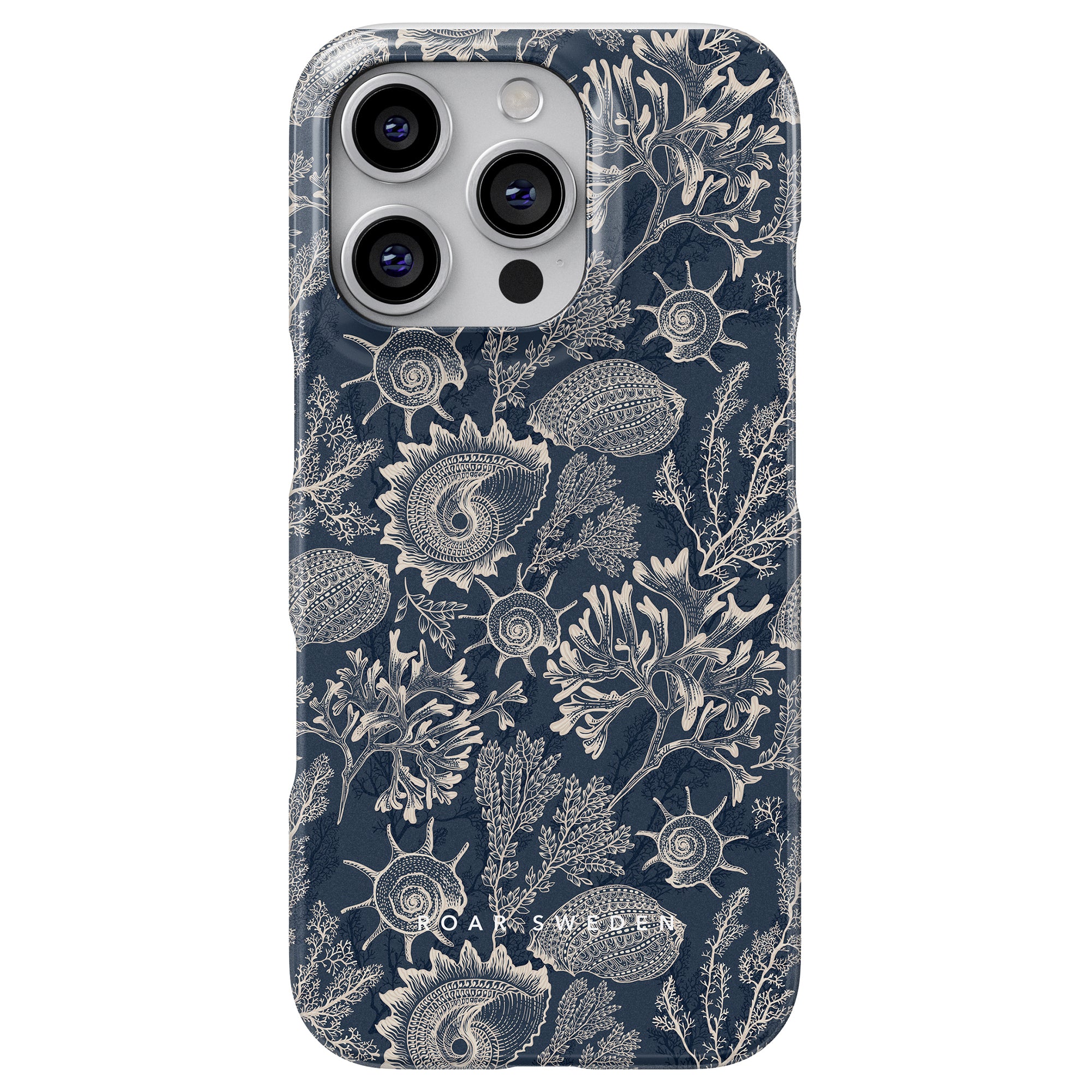 Blue Corals - Slim case with a navy background featuring intricate white botanical, shell, and coral designs.