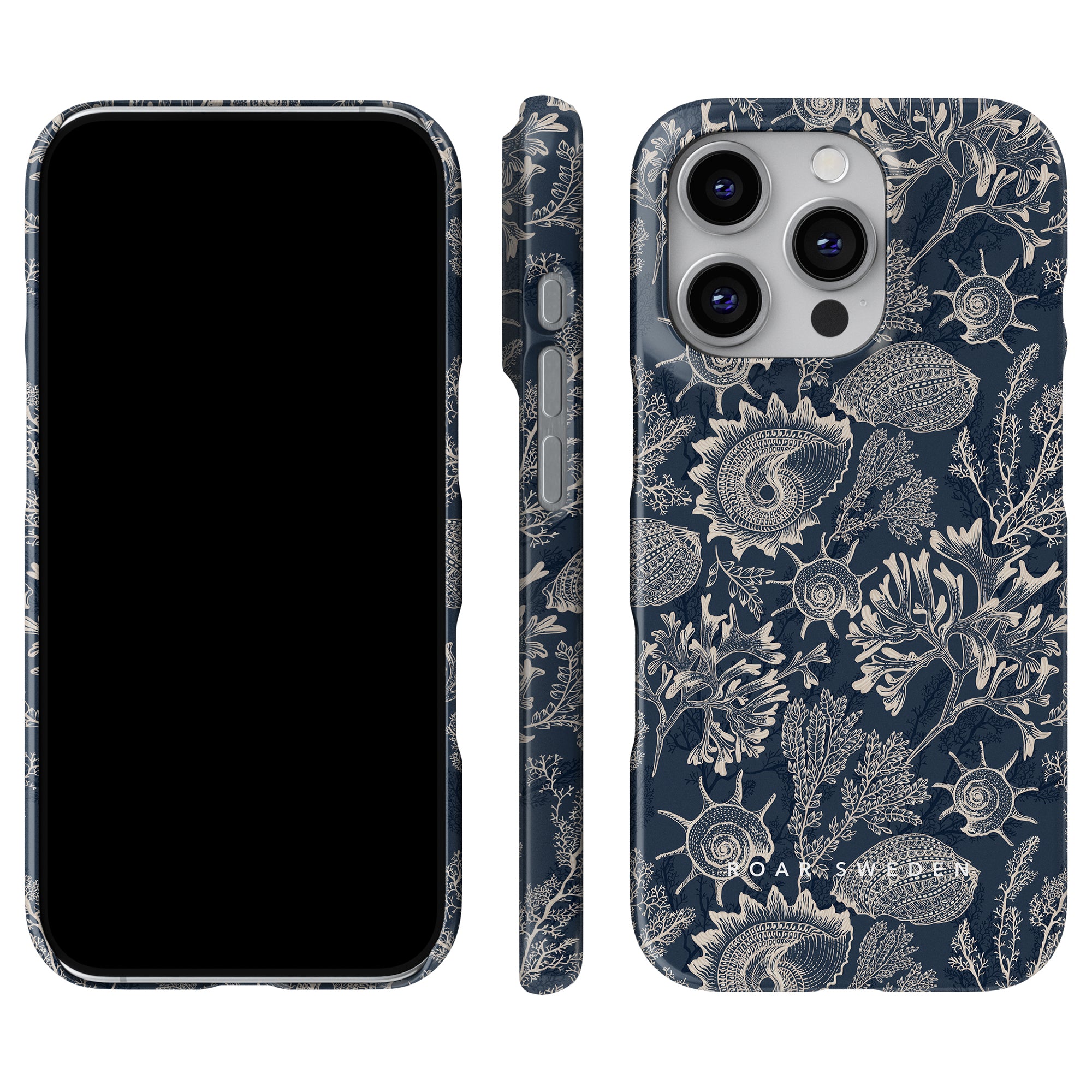 Blue Corals - Slim case featuring a captivating marine-themed design with blue corals and various sea creatures on a dark blue background, shown from front, side, and back angles.