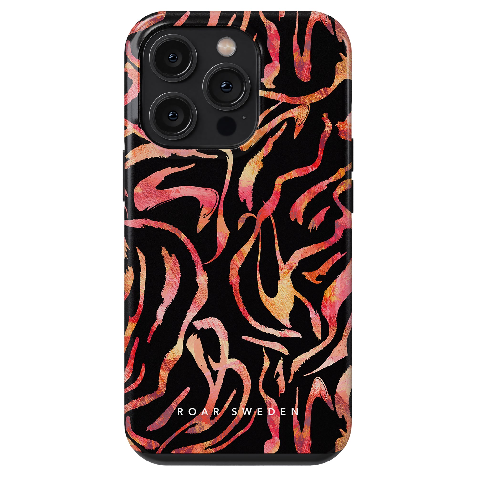 Back view of a smartphone with the Burning Stripes - Tough case, showcasing a black and red abstract patterned design, three camera lenses, and the text "Roar Sweden" at the bottom. The robust konstruktion complements its trendigt utseende, making it both stylish and durable.