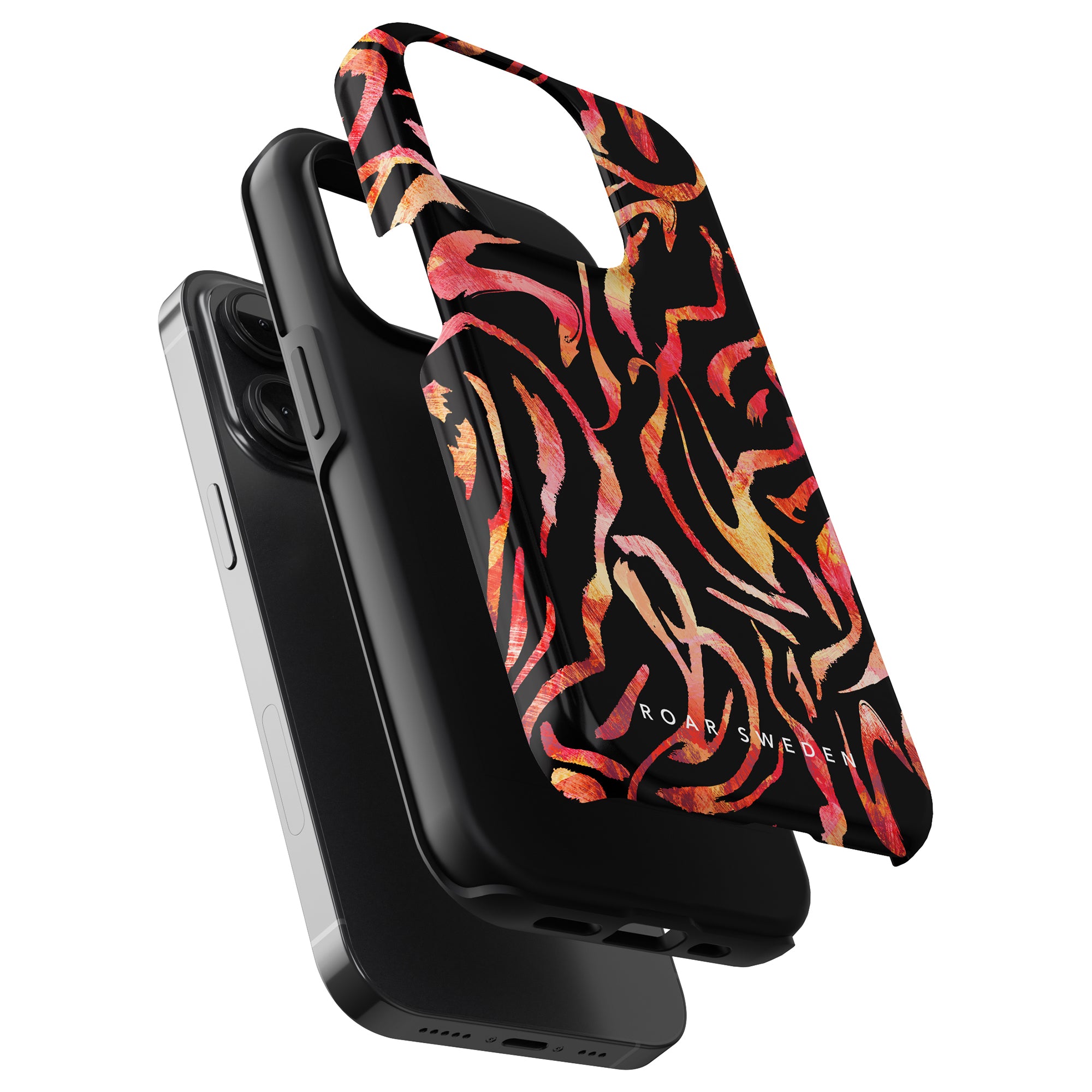 Three smartphone cases with a variety of designs are displayed in a stack. The top case, the **Burning Stripes - Tough case**, features a black base with red and yellow abstract streaks, offering both a trendigt utseende and robust konstruktion.