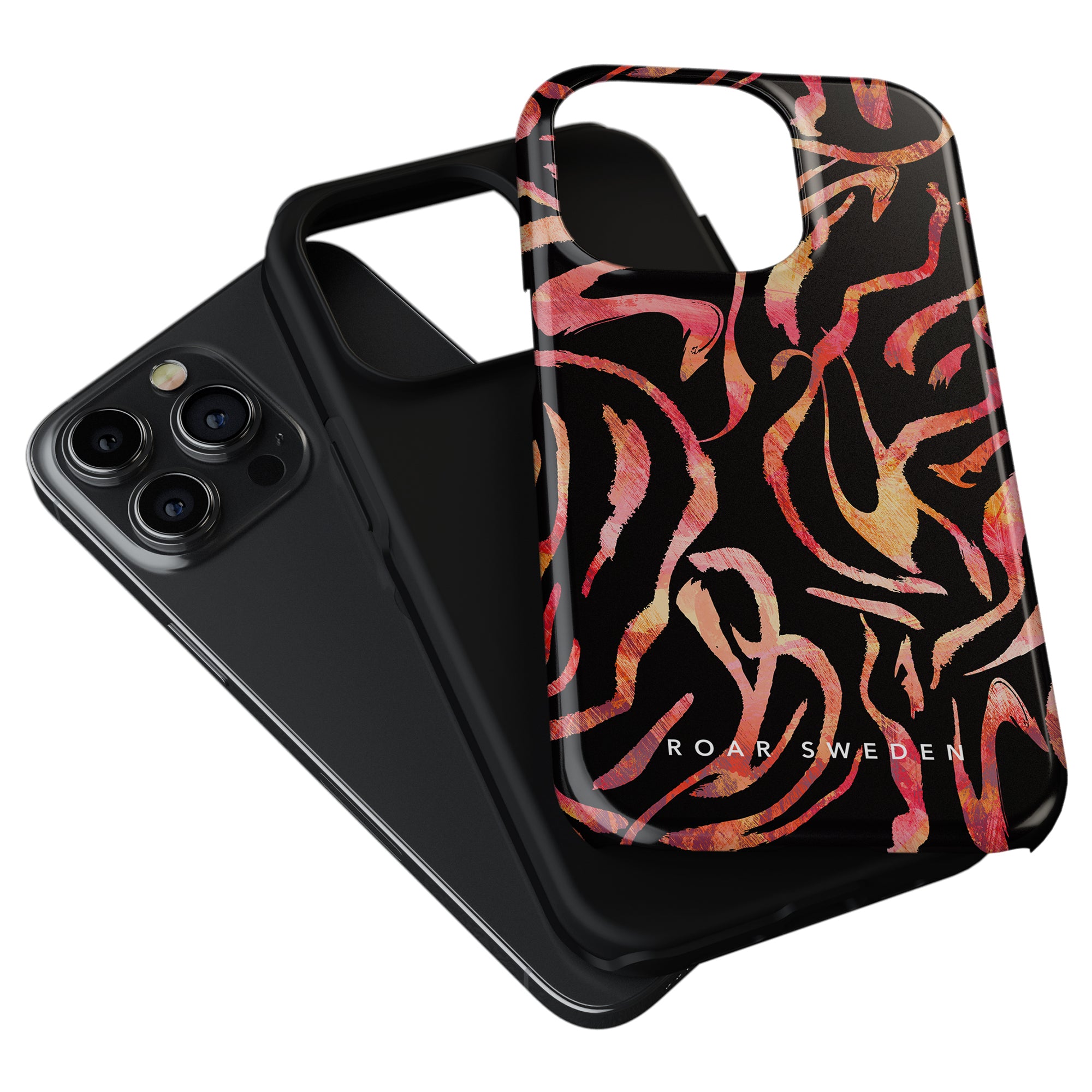 A smartphone with a black case is partially covered by the "Burning Stripes - Tough case," which features a pink and black abstract pattern labeled "ROAR SWEDEN," showcasing a trendigt utseende and robust konstruktion.