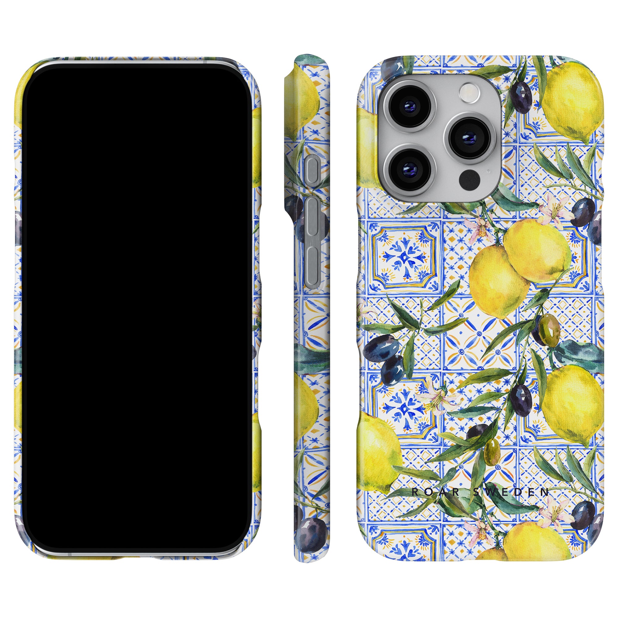 a phone case with lemons and blue tiles