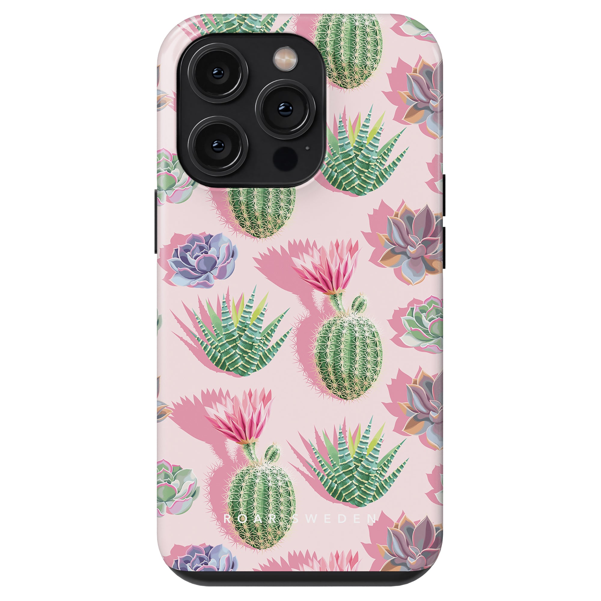 A smartphone protected by the Cactus Pop - Tough case, adorned with vibrant cacti and succulent plant illustrations on a pink background, from the Exotic Fruits Collection.