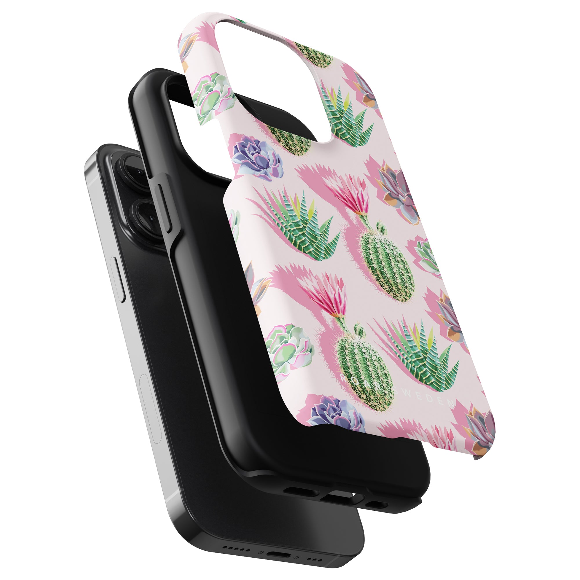 A trio of phone cases, featuring the incredibly sturdy Cactus Pop - Tough case in black and two vibrant designs from the Exotic Fruits Collection, are stacked slightly askew, showcasing both front and back views.