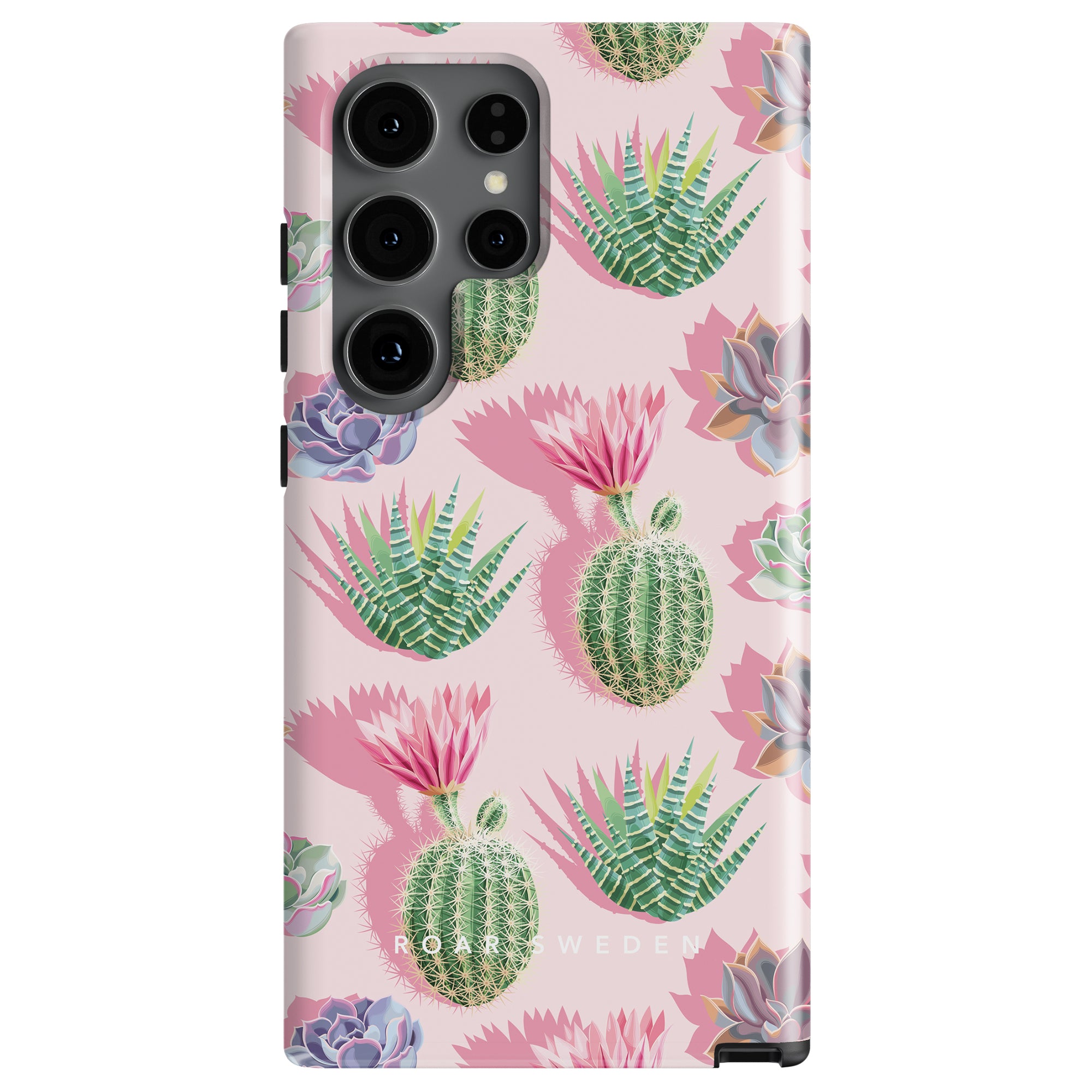 The Cactus Pop - Tough case features a pink background adorned with various illustrations of cacti and succulents in green and pink shades, as part of the Exotic Fruits Collection.