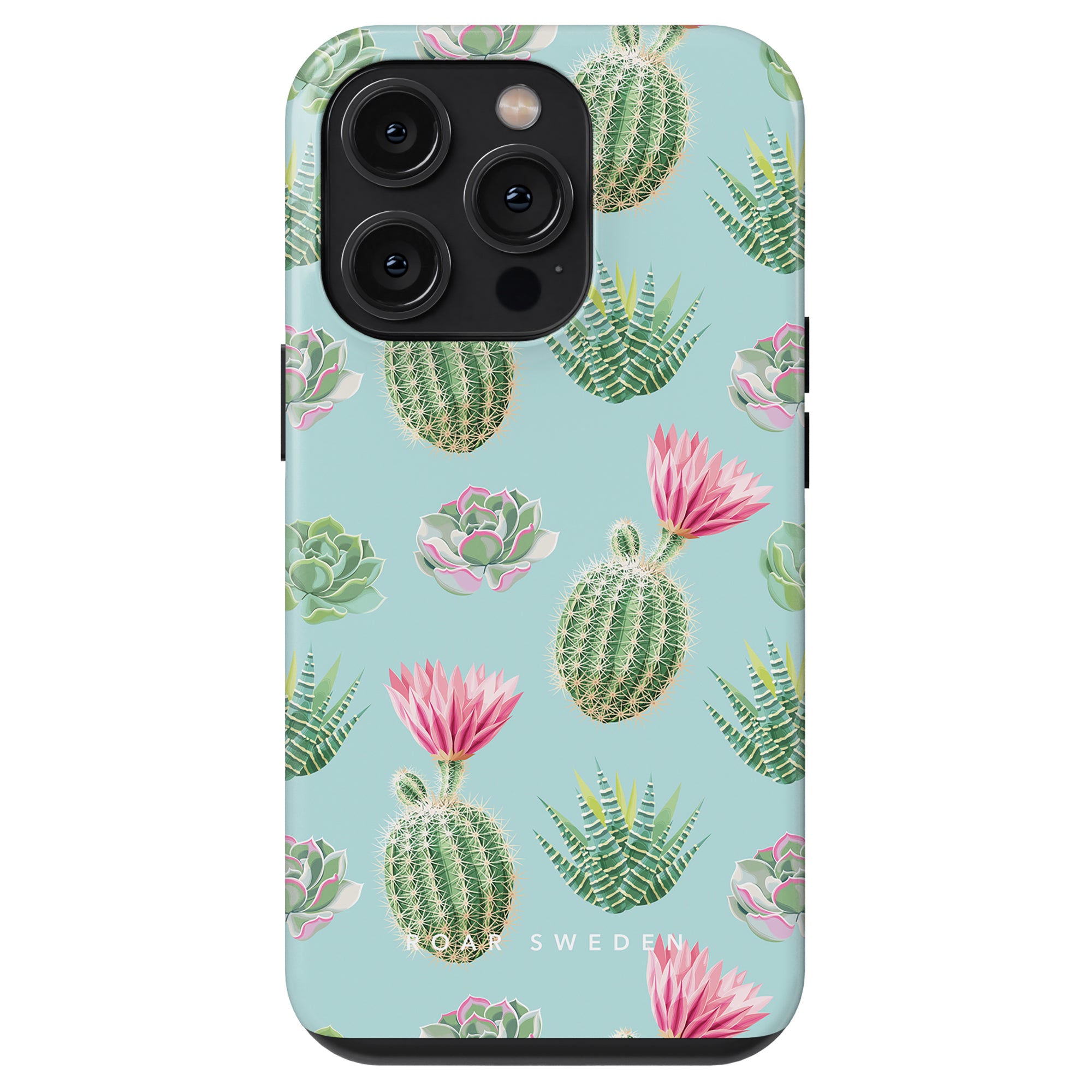 A tough case named Cactus Splash from the Exotic Fruits Collection, showcasing a cactus and succulent pattern on a light blue background, with three camera lenses positioned at the top left corner.