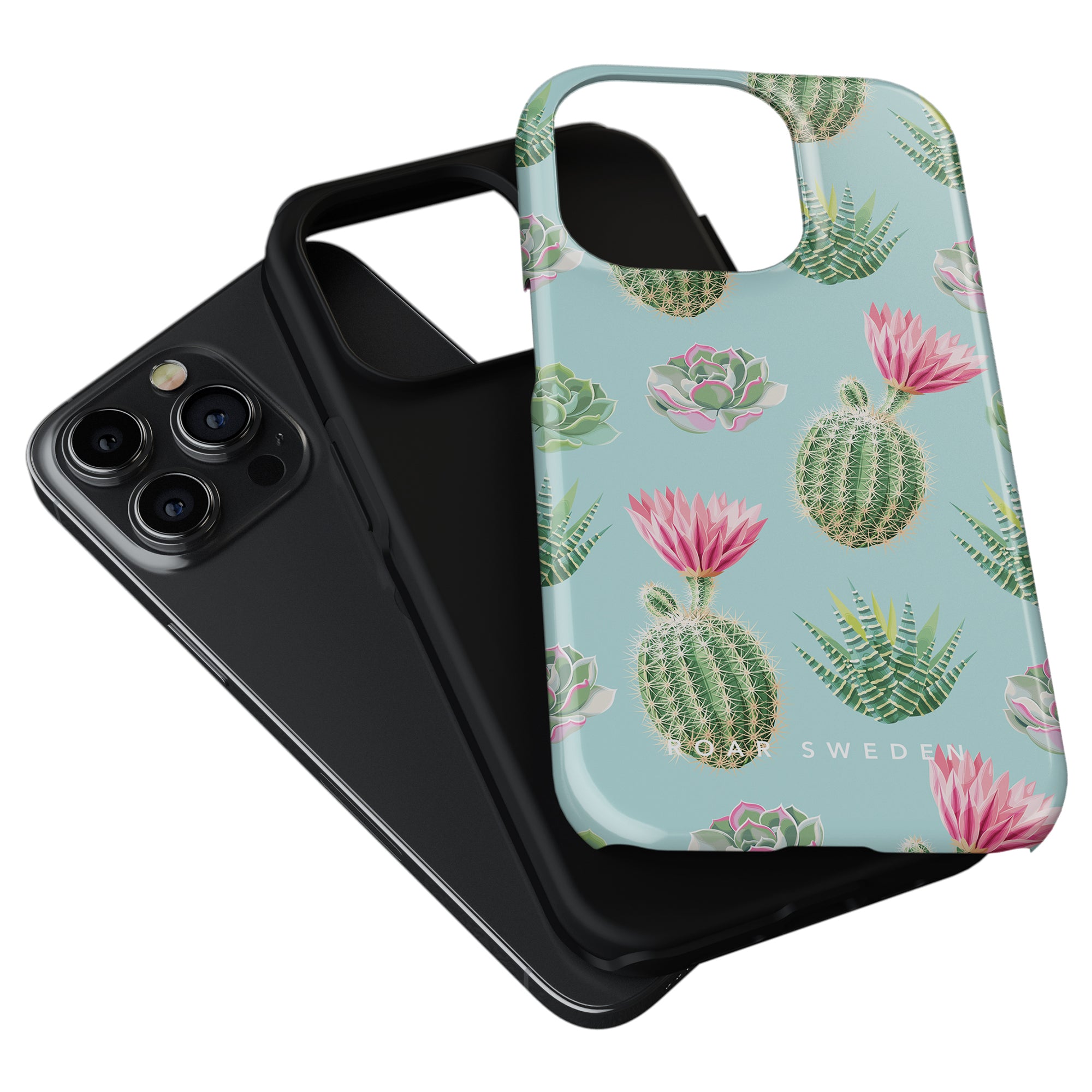 Two phone cases are shown: one is a tough case in plain black, while the other is a Cactus Splash - Tough case from the Exotic Fruits Collection featuring a Cactus Splash pattern on a light blue background.