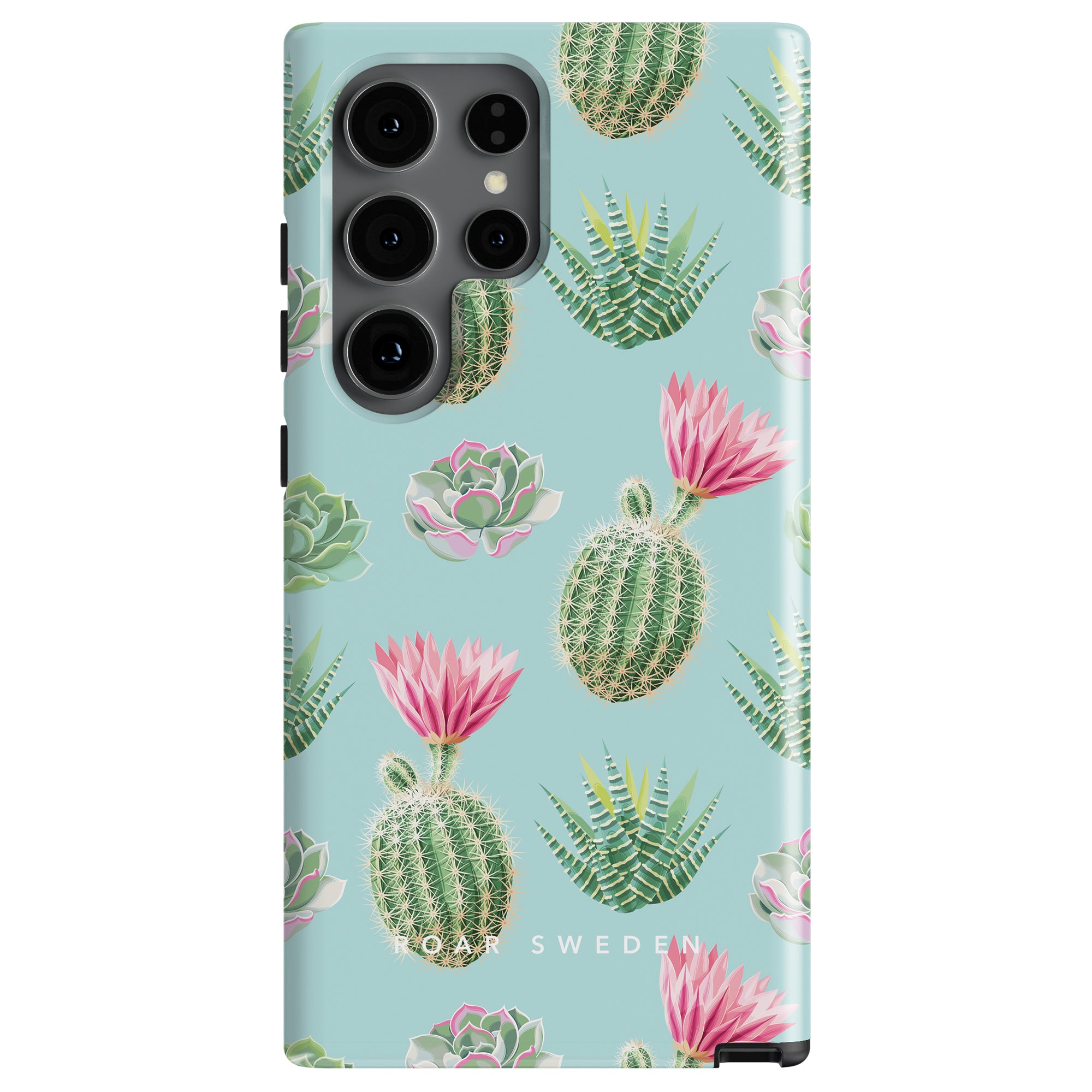 Introducing the Cactus Splash - Tough case, featuring a teal blue background adorned with an array of vibrant cacti, succulents, and pink flowers. The camera cutout is designed to accommodate multiple lenses seamlessly.