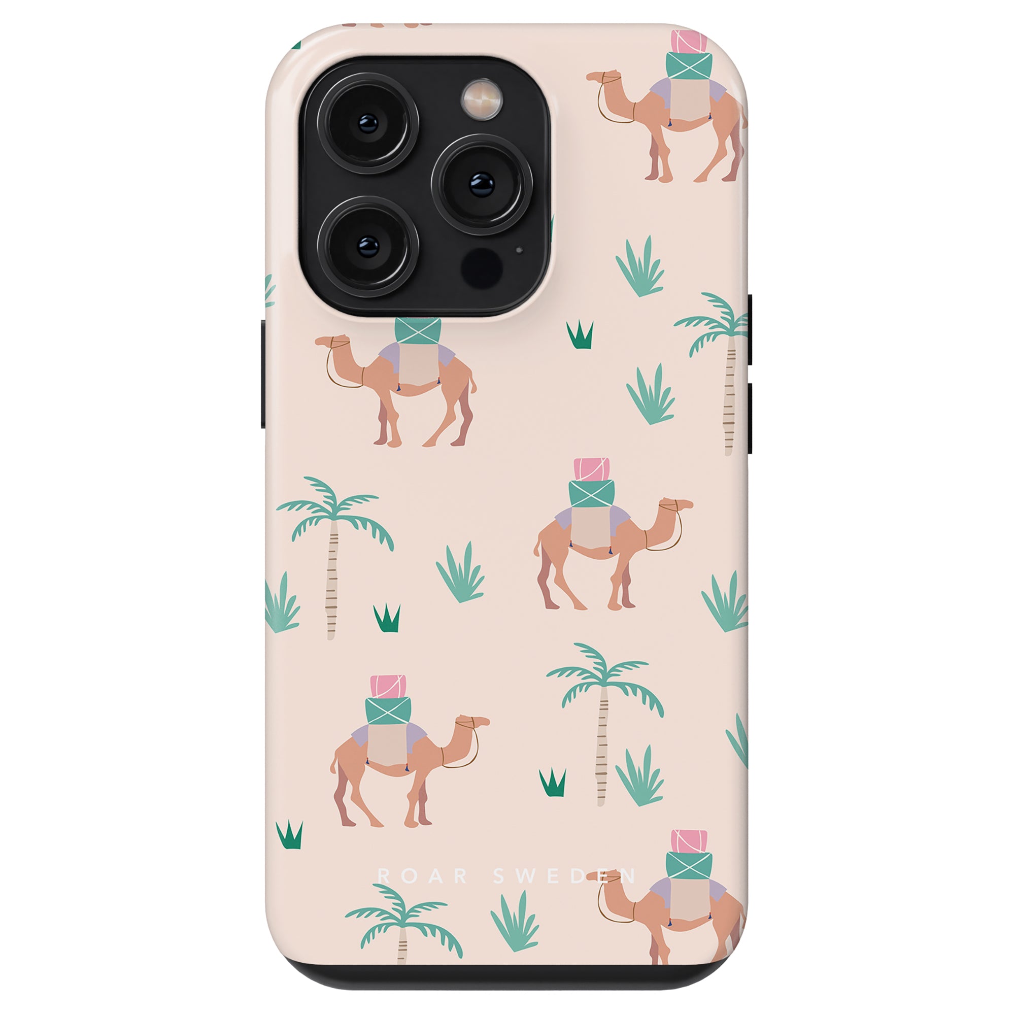 Explore the allure of our Camel Trek - Tough Case from the Djurkollektion, featuring a captivating design of camels adorned with vibrant boxes surrounded by palm trees on a tranquil cream backdrop. Ideal for ökenresor enthusiasts who desire both style and protection in one chic accessory.