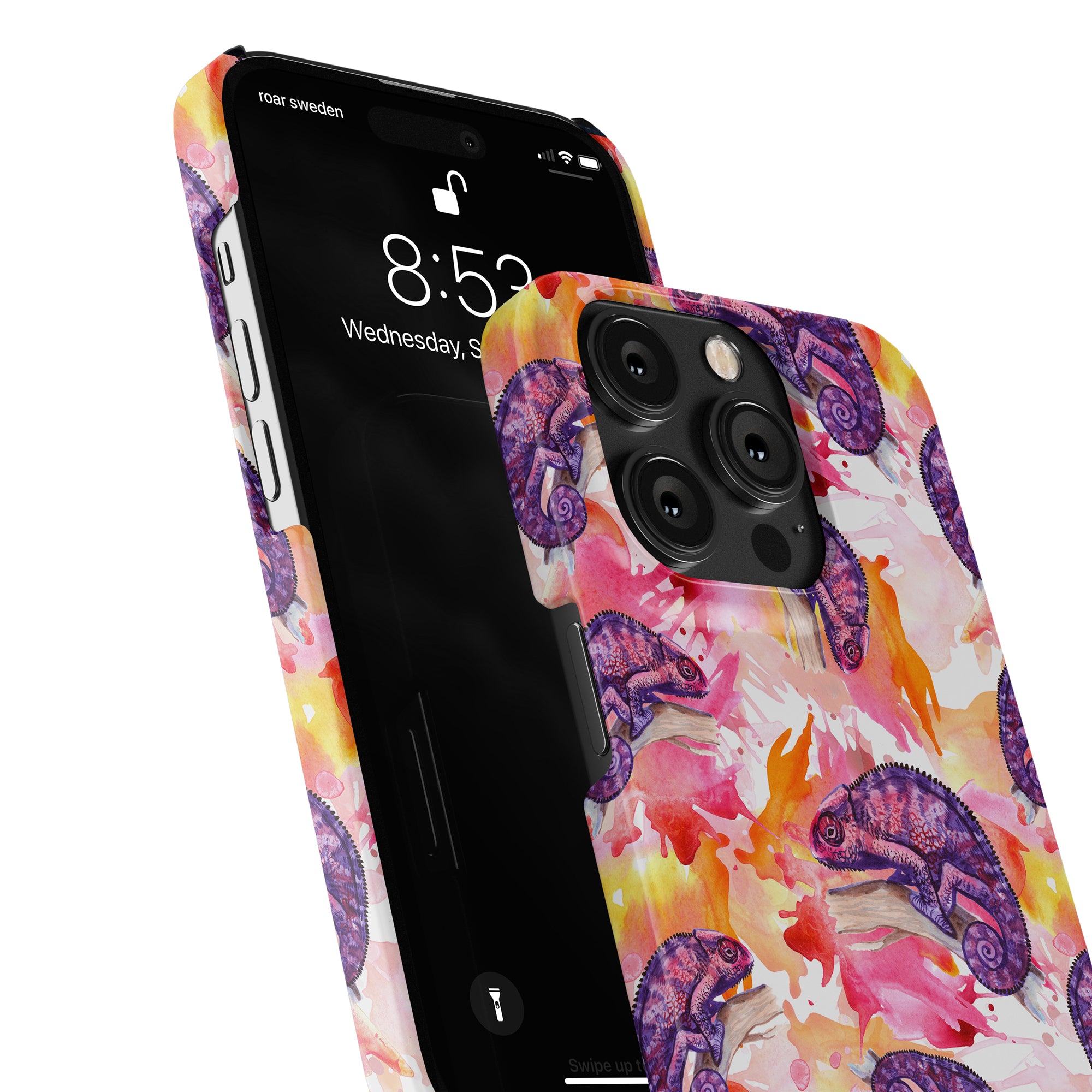 Ett kameleontdekorerat iphone 11-fodral med livfulla färger och ett blommönster.