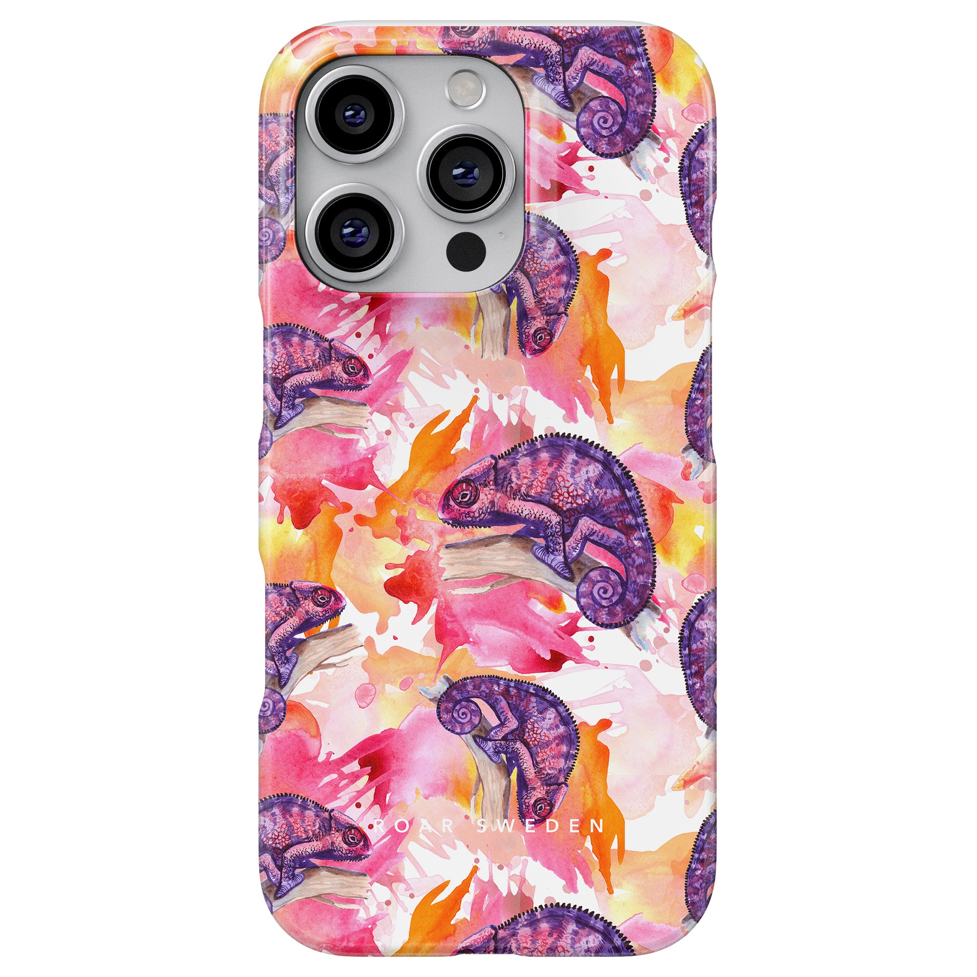 Chameleon - Slim case showcasing a colorful abstract design with a vibrant symphony of purple chameleons set against a striking white and orange background.