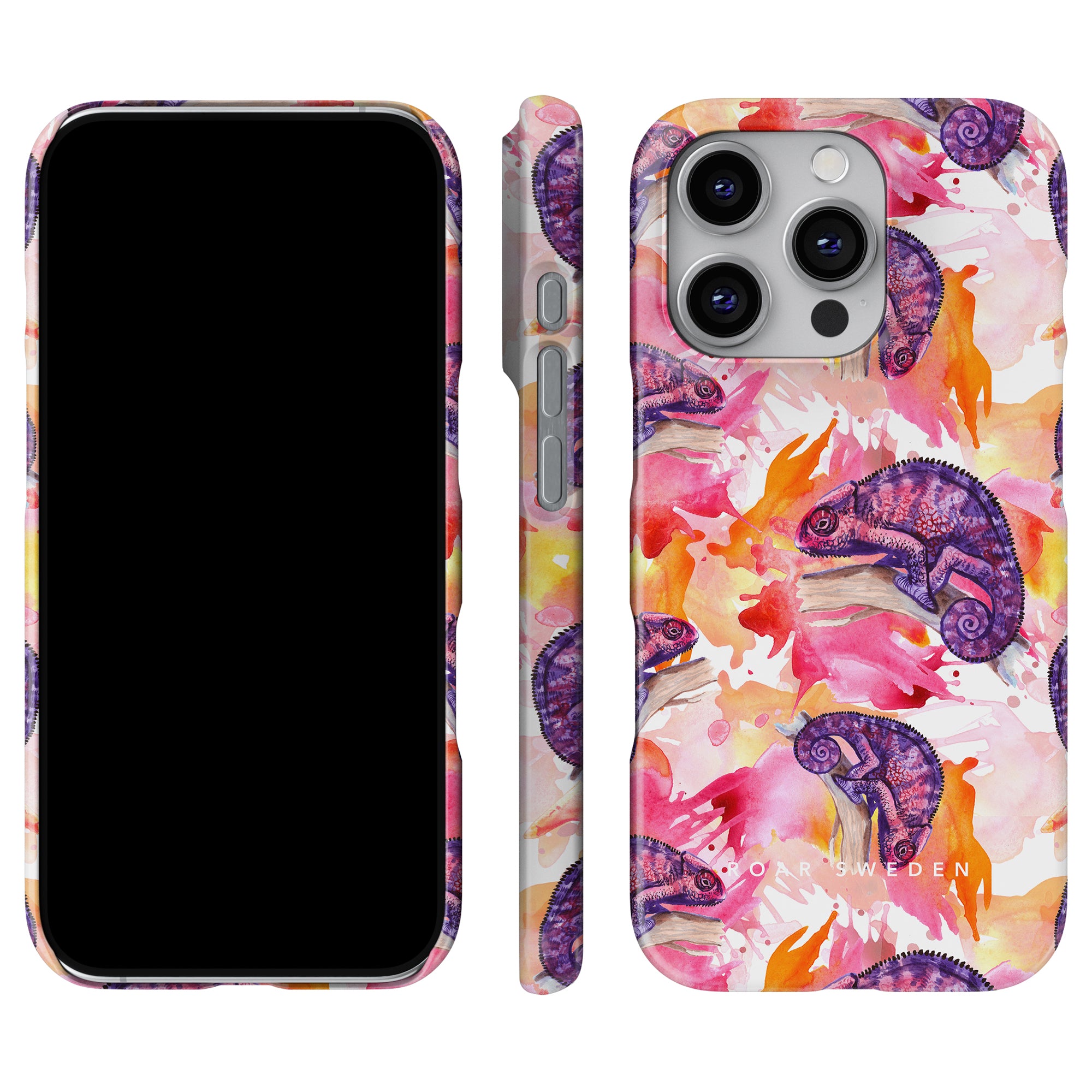 Slim case named 'Chameleon' displaying a kameleontillustration with purple chameleons and vibrant abstract splashes, offered in front, side, and back views.