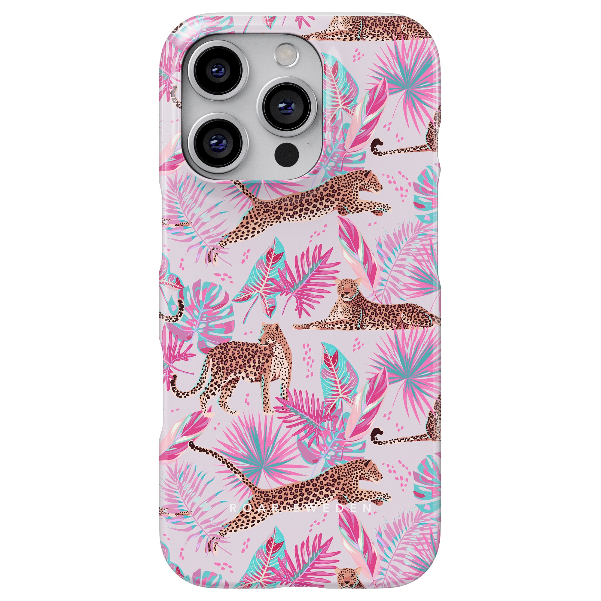 Introducing the Chill - Slim case, a stylish mobilskal adorned with leopards and pink tropical leaves set against a crisp white background, providing both flair and robust skydd for your phone.