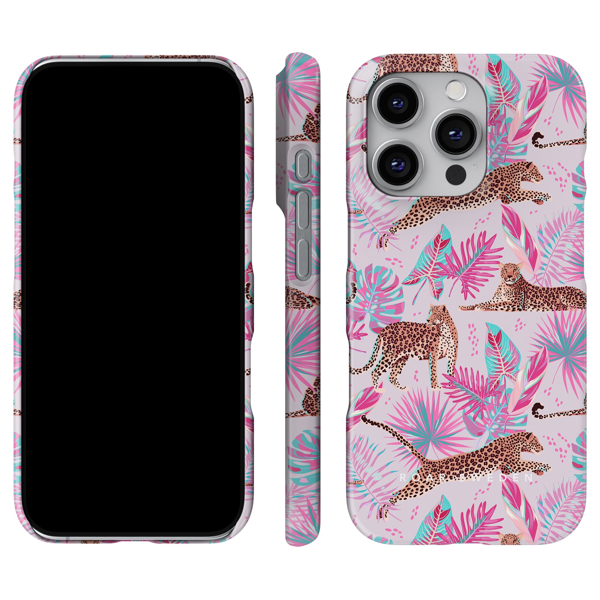 The Chill - Slim case is a stylish phone cover featuring a pink and turquoise tropical leaf and leopard pattern, offering protection while showcasing front, side, and back views.