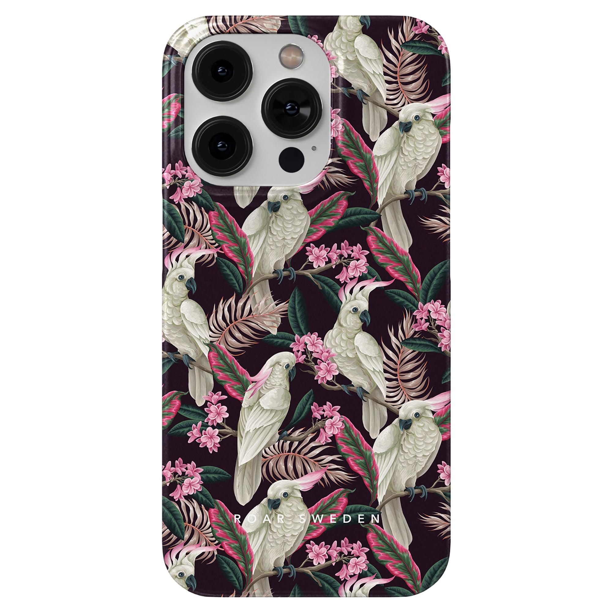 iPhone with a slim case from the Cockatoo collection, featuring white cockatoos, pink flowers, and green leaves on a dark background. Text at the bottom reads “SMARTEST PHONE CASE EVER ROAR S WEDEN”.