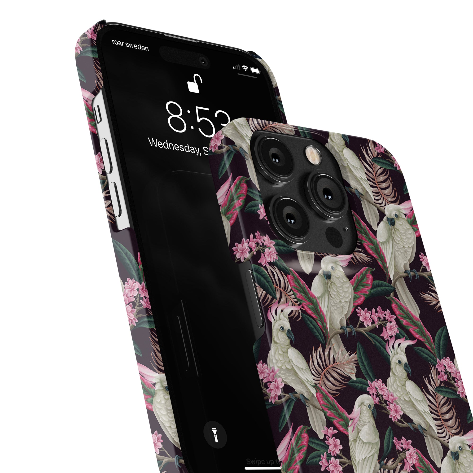 A tropical-themed slim case featuring white cockatoos and pink flowers on a smartphone, from our Birds Collection. The Cockatoo - Slim case also showcases the phone's lock screen with time, date, and a few notification icons.