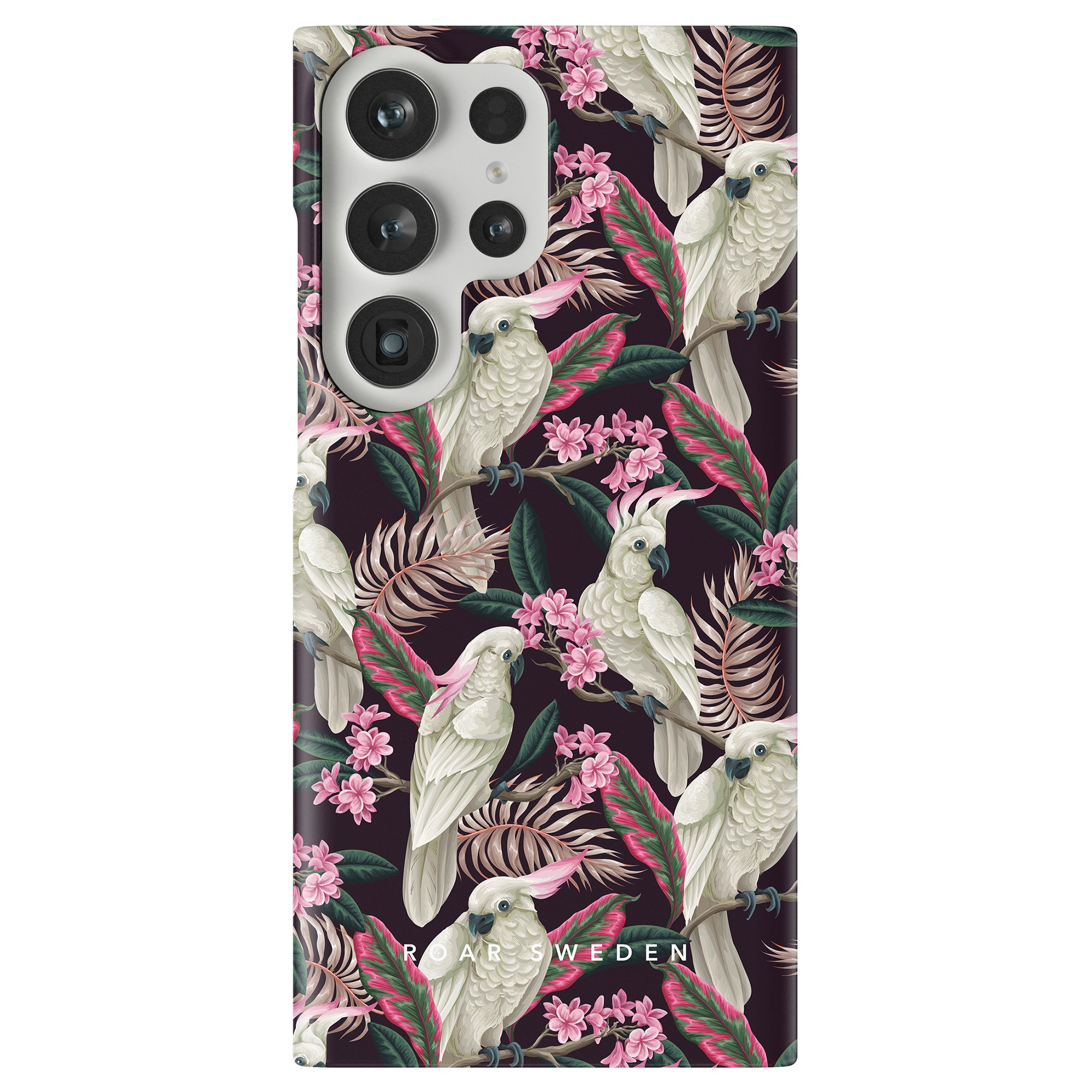 The Cockatoo - Slim case from the Birds Collection is a stylish smartphone accessory adorned with a floral and bird-themed design, featuring white cockatoos, pink flowers, and green leaves. The text "ROARS SWEDEN" is prominently displayed at the bottom of this elegant case.