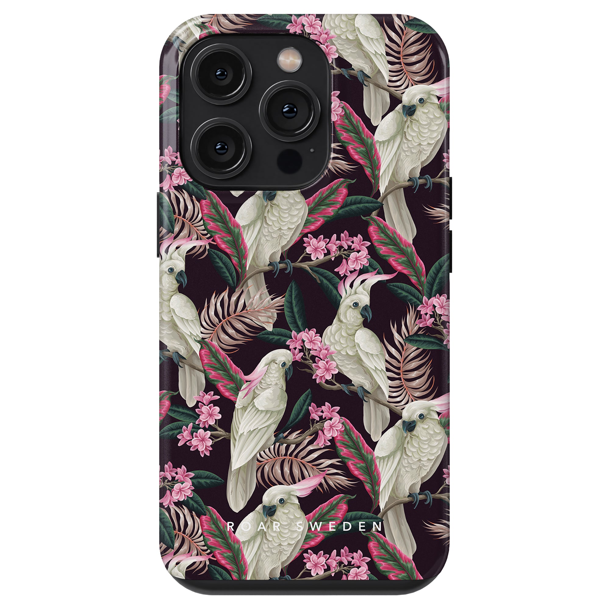 The Cockatoo - Tough case is a smartphone cover adorned with an illustration of white parrots, pink flowers, and green leaves on a dark background, all part of the Birds Collection. This stöttålig skyddslösning provides both style and durability.