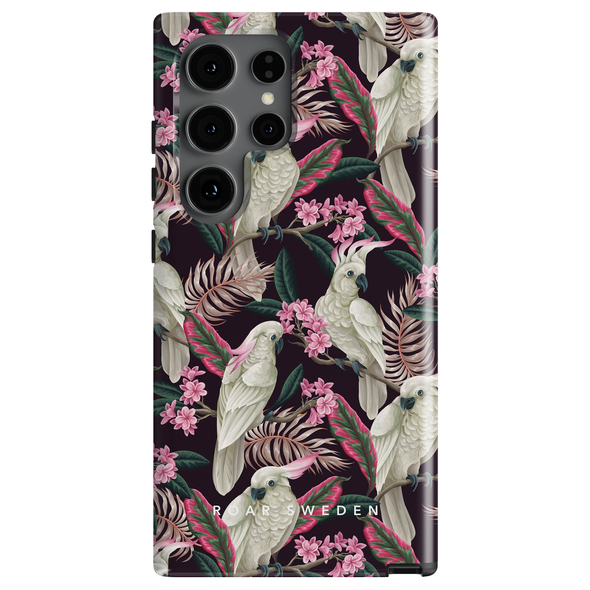 Cockatoo - Tough case from the Birds Collection, featuring white parrots perched among pink flowers and green leaves on a dark background. The brand name "ROAR SWEDEN" is printed at the bottom.