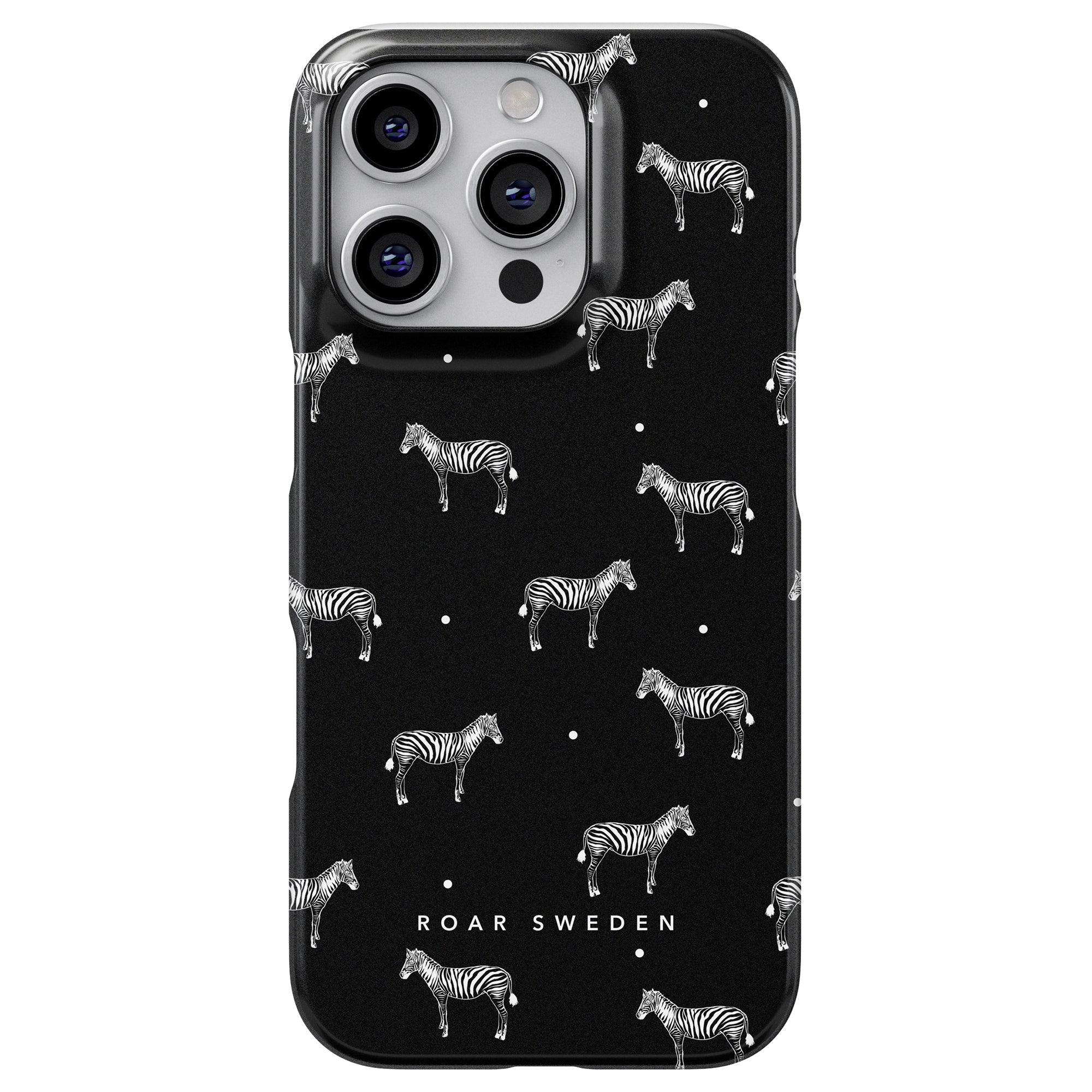 Dotted Zebra - Slim case featuring a pattern of zebras and small dots on a black background, with "Roar Sweden" elegantly printed at the bottom.