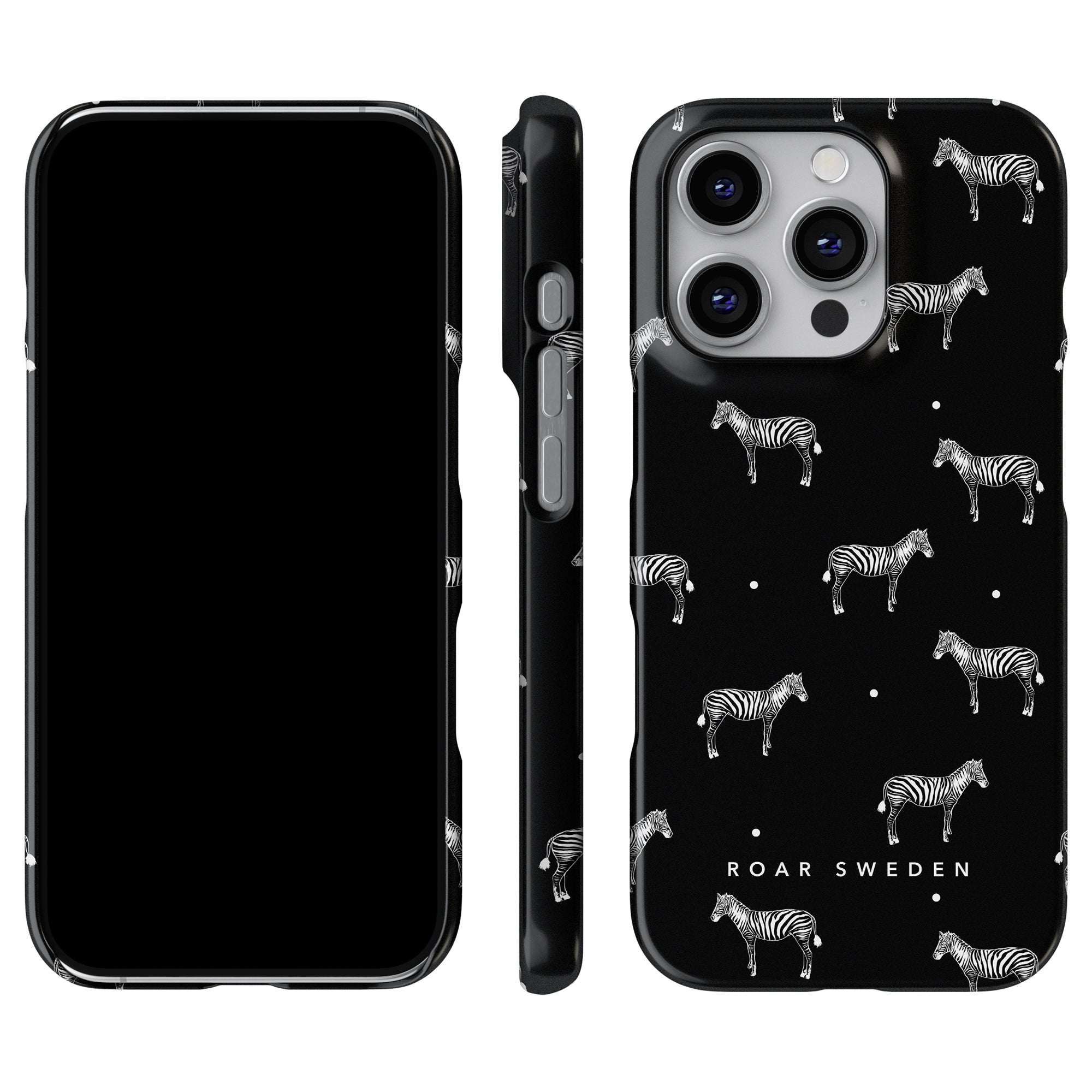 Dotted Zebra - Slim case in black featuring the "ROAR SWEDEN" branding, displayed from the front, side, and back angles.