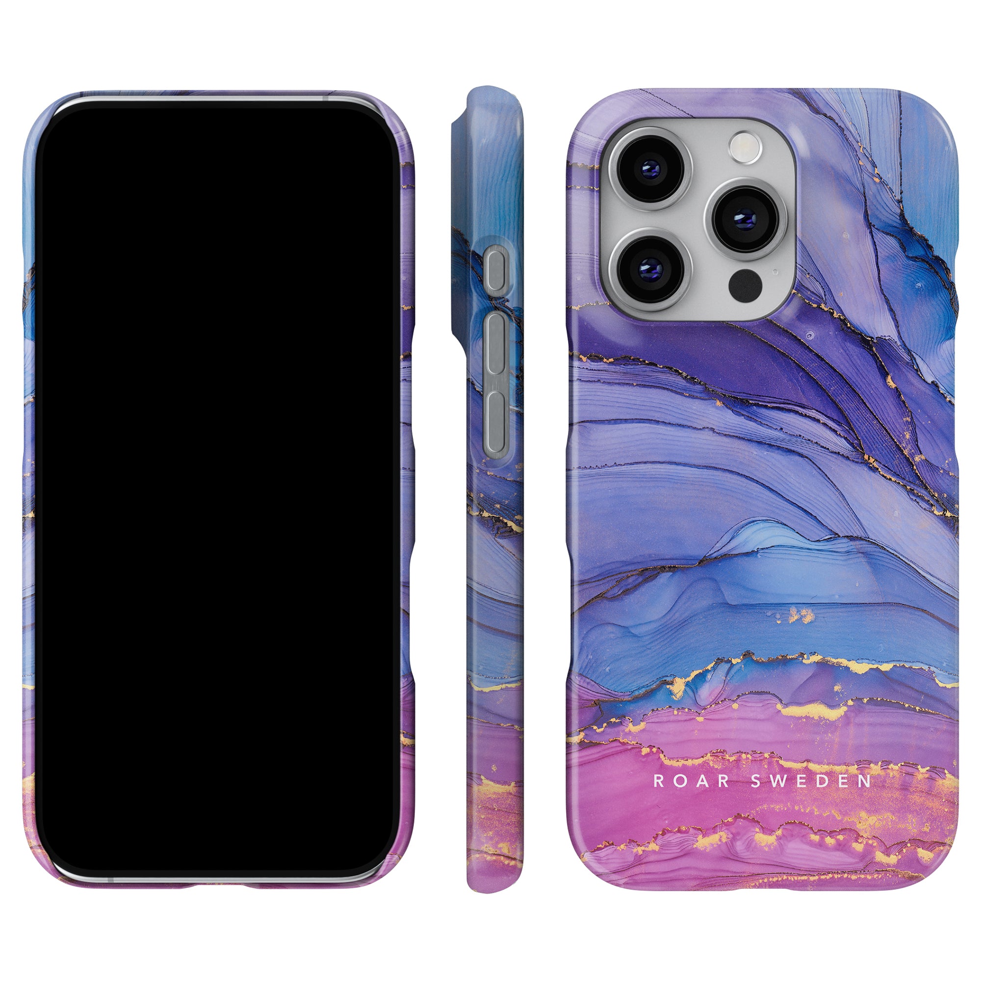 A Dreamy - Slim case for a smartphone, featuring artistic marbled swirls in blue and purple with the text "ROAR SWEDEN." The premium material is showcased beautifully from the front, side, and back angles.