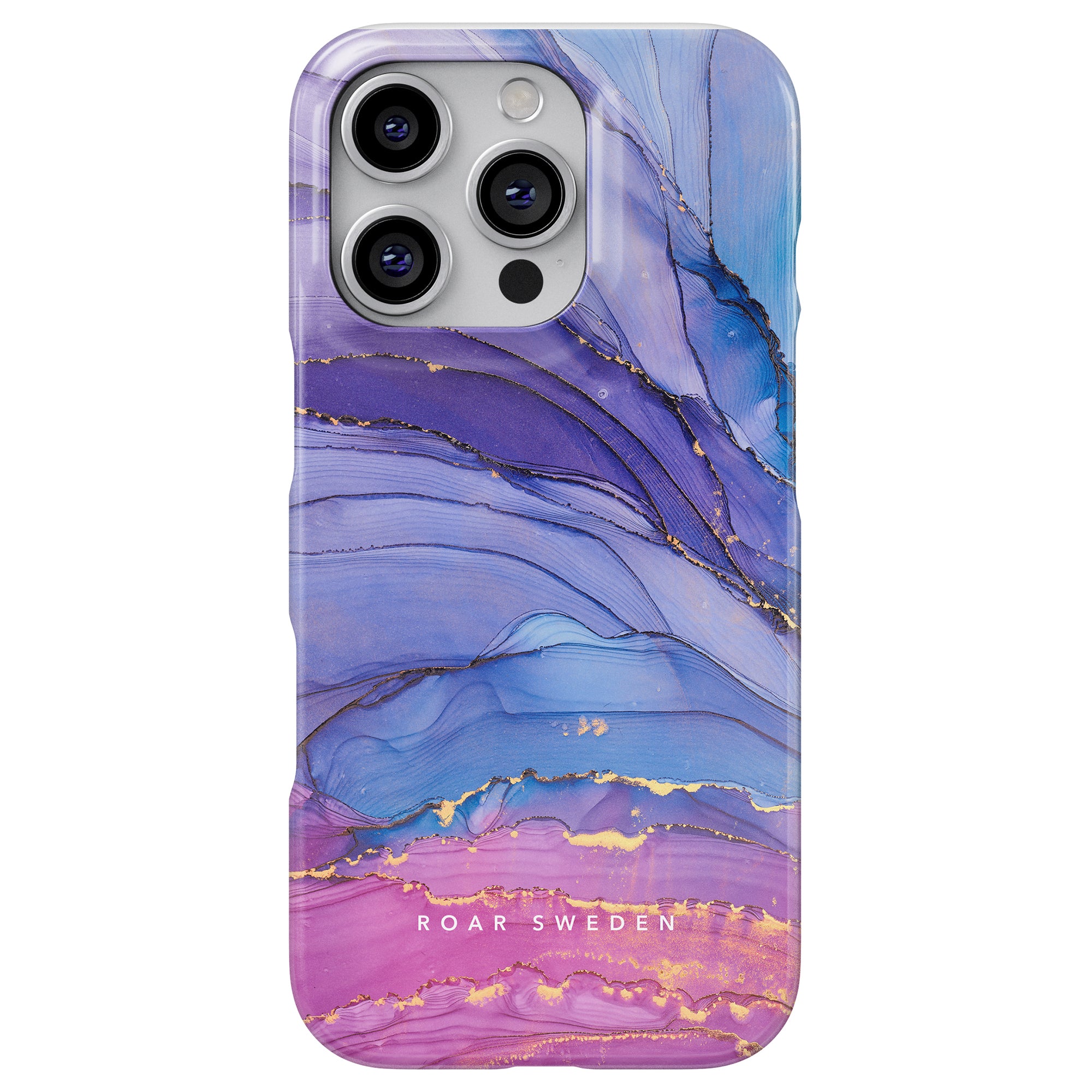 A smartphone encased in the Dreamy - Slim case, featuring abstract swirls in purple, blue, and pink with opulent gold accents.