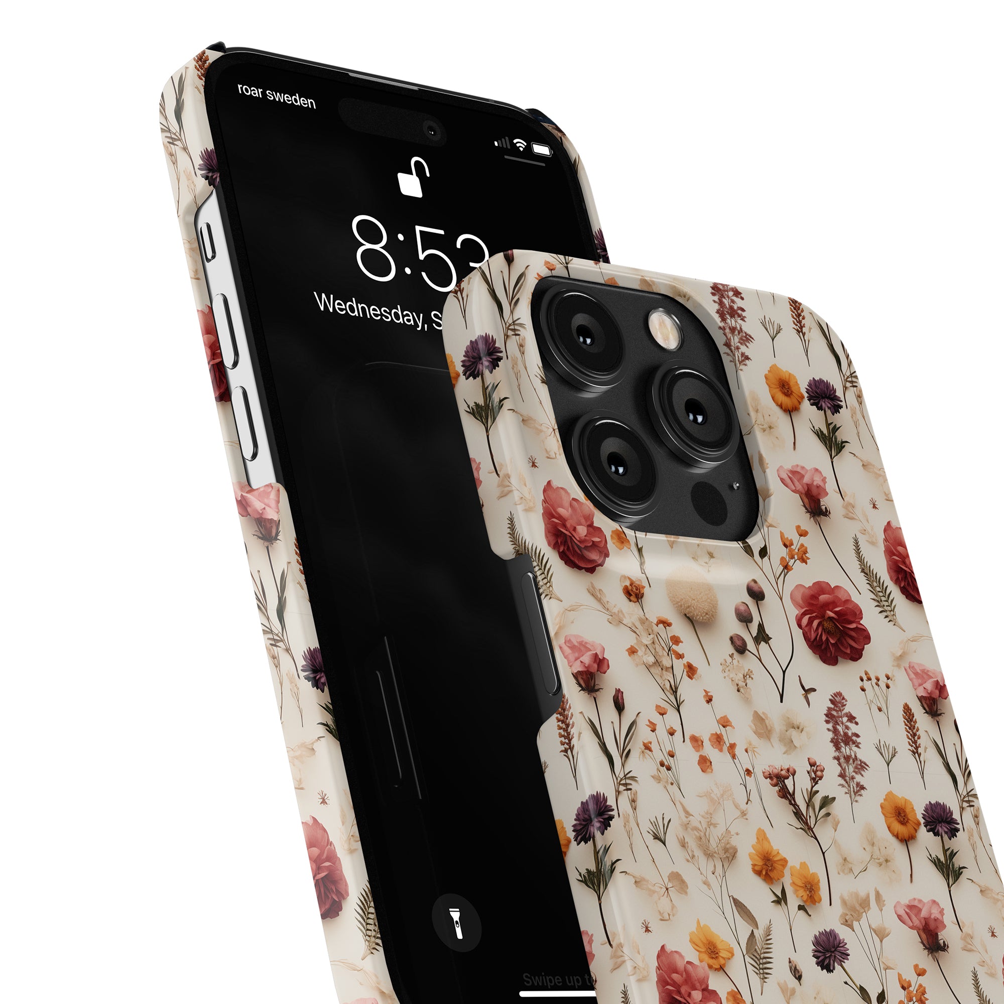 A smartphone with a Dried Flowers - Slim case from the höstkollektion is shown from the front and back. The time on the screen reads 8:52, with the date visible as Wednesday, December 6. Three cameras and a flash are on the back.