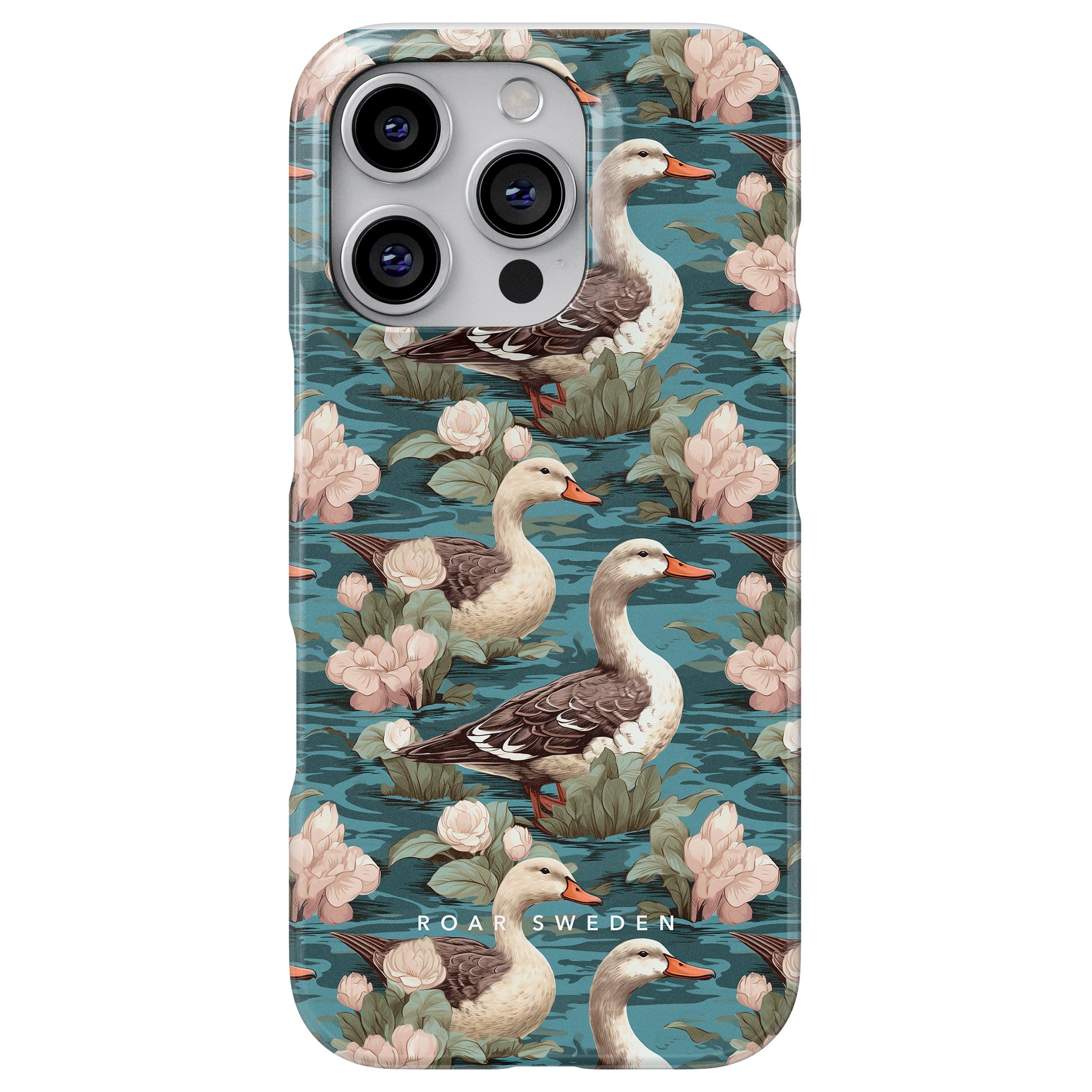 This Duck Pond - Slim case showcases an elegant design with ducks and pink flowers artfully arranged against a blue background, capturing the beauty of nature.