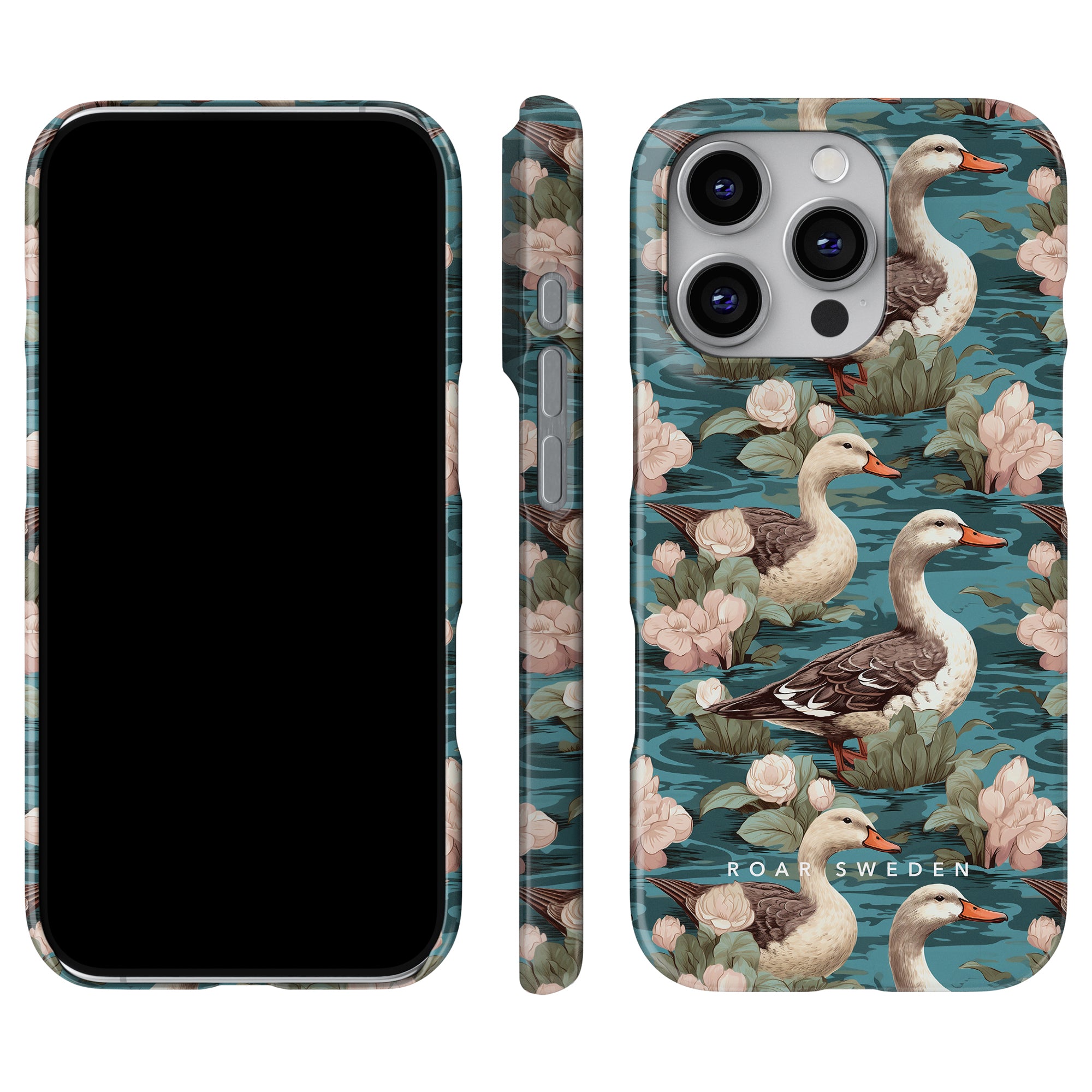 Slim case named "Duck Pond," adorned with a floral pattern on a blue-green background. Displaying views from the front, side, and back, it captures the beauty of nature.