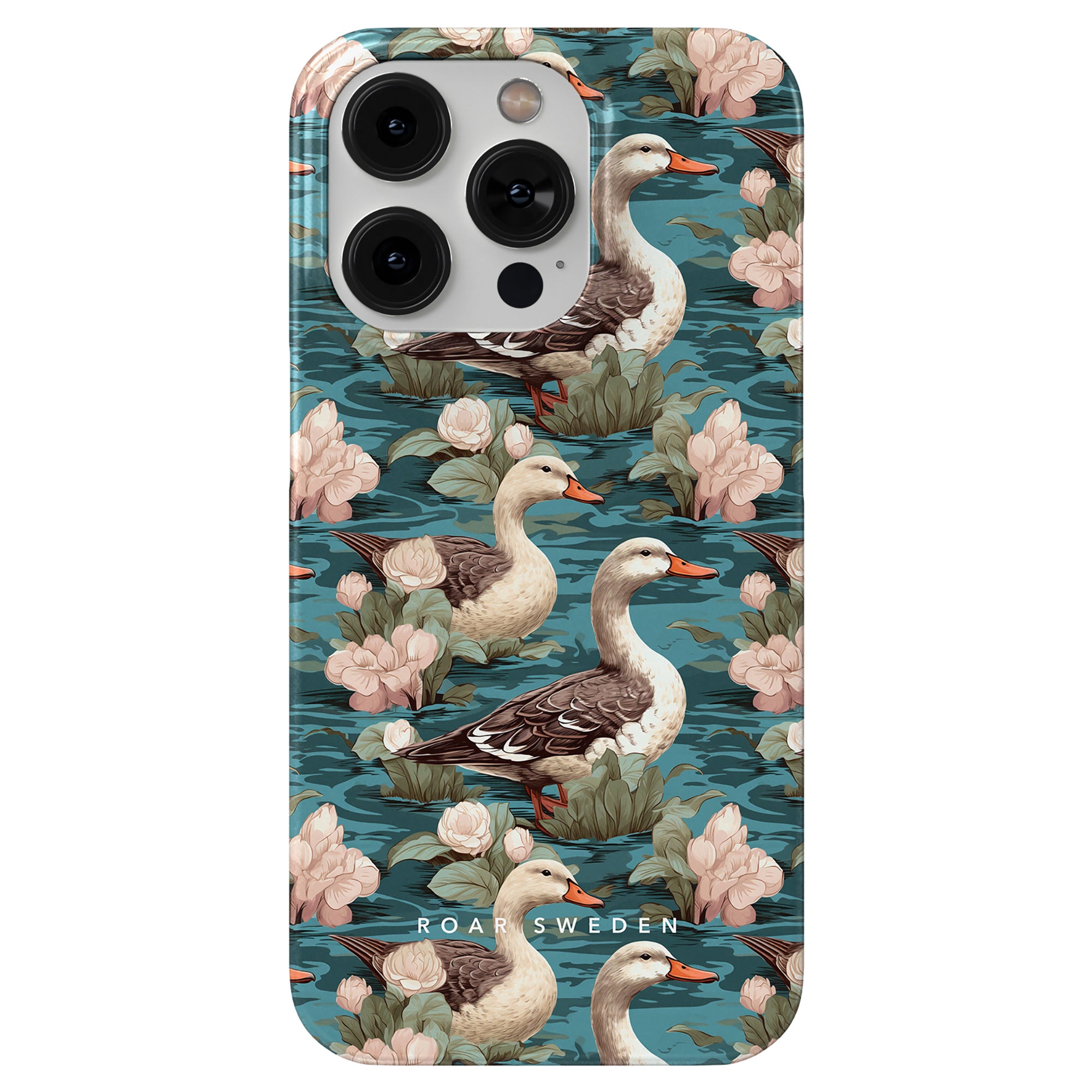 This iPhone case, named "Duck Pond - Slim Case," features a detailed pattern of geese and white flowers set against a teal background. The design, labeled with "Roar Sweden" at the bottom, adds elegance to your device while reflecting the tranquil beauty of a duck pond.