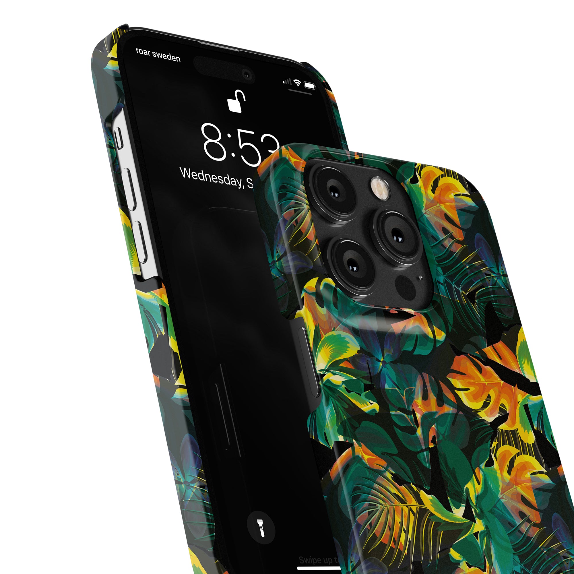 Ett smalt fodral med ett exotiskt tropiskt tryck för iPhone 11 pro.