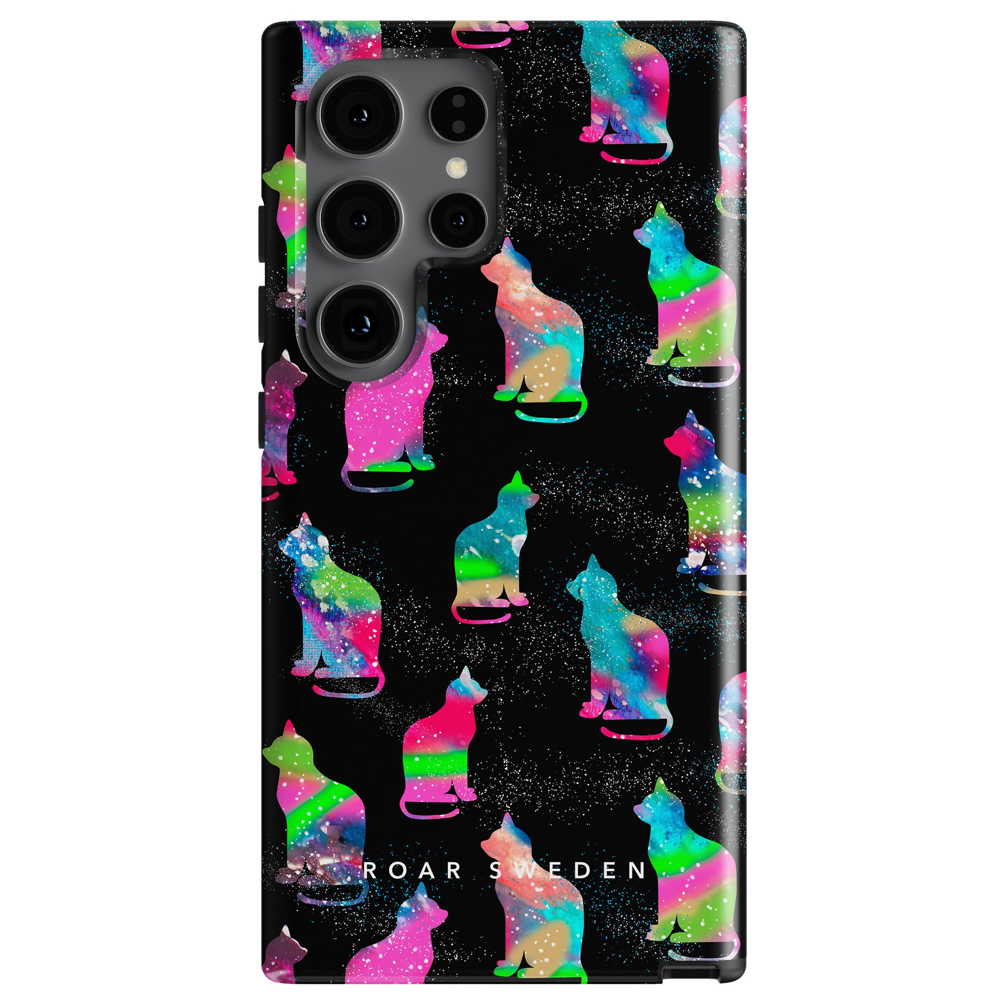 A phone case with colorful holographic cat silhouettes on a black background, featuring the branding "ROAR Sweden" at the bottom, this Galaxy Cat - Tough Case offers maximalt skydd and a truly unik design.