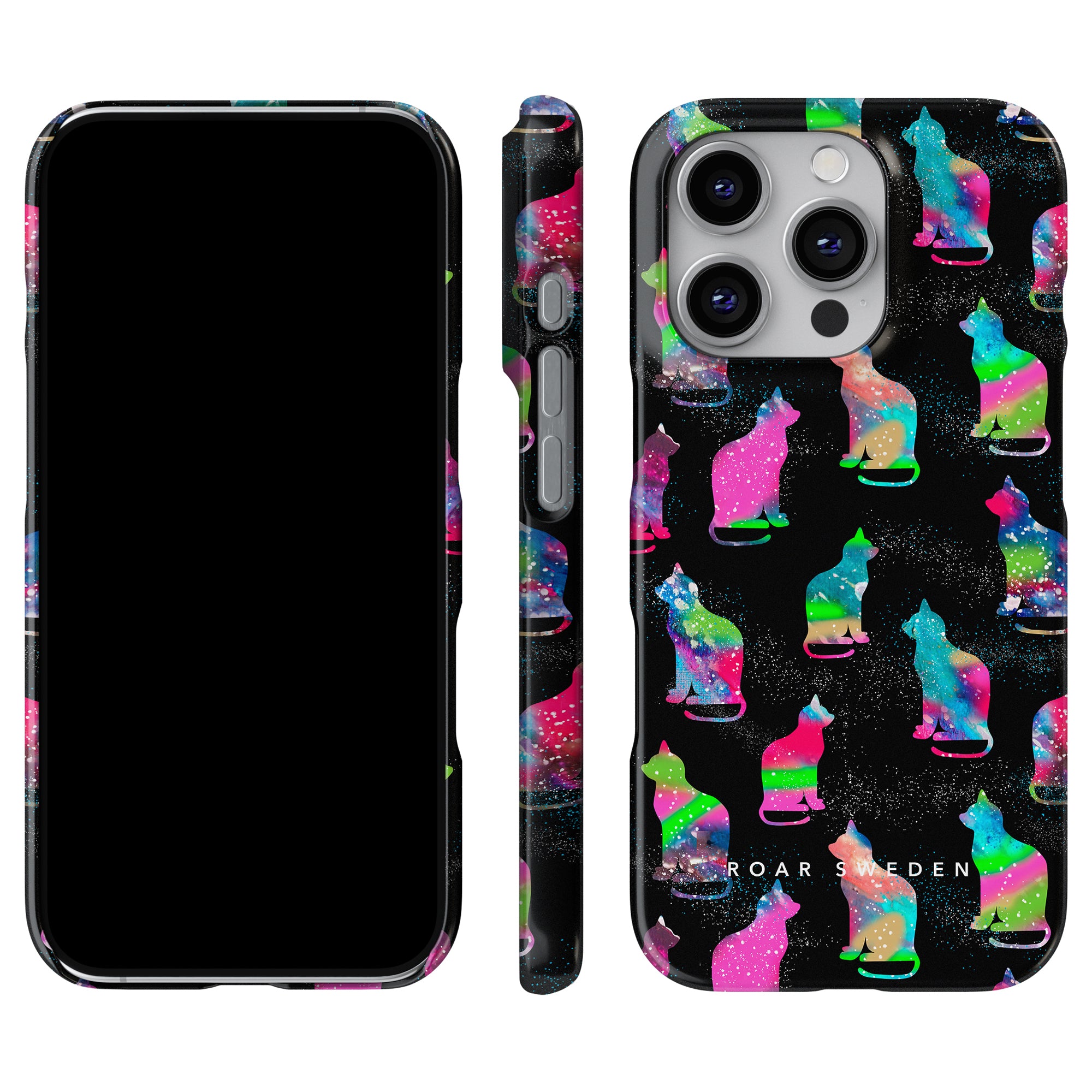 Explore the Galaxy Cat - Slim case, which boasts a vibrant galaxy-themed cat design set against a sleek black background. This captivating pattern is presented from multiple perspectives, highlighting every detail of its cosmic appeal.