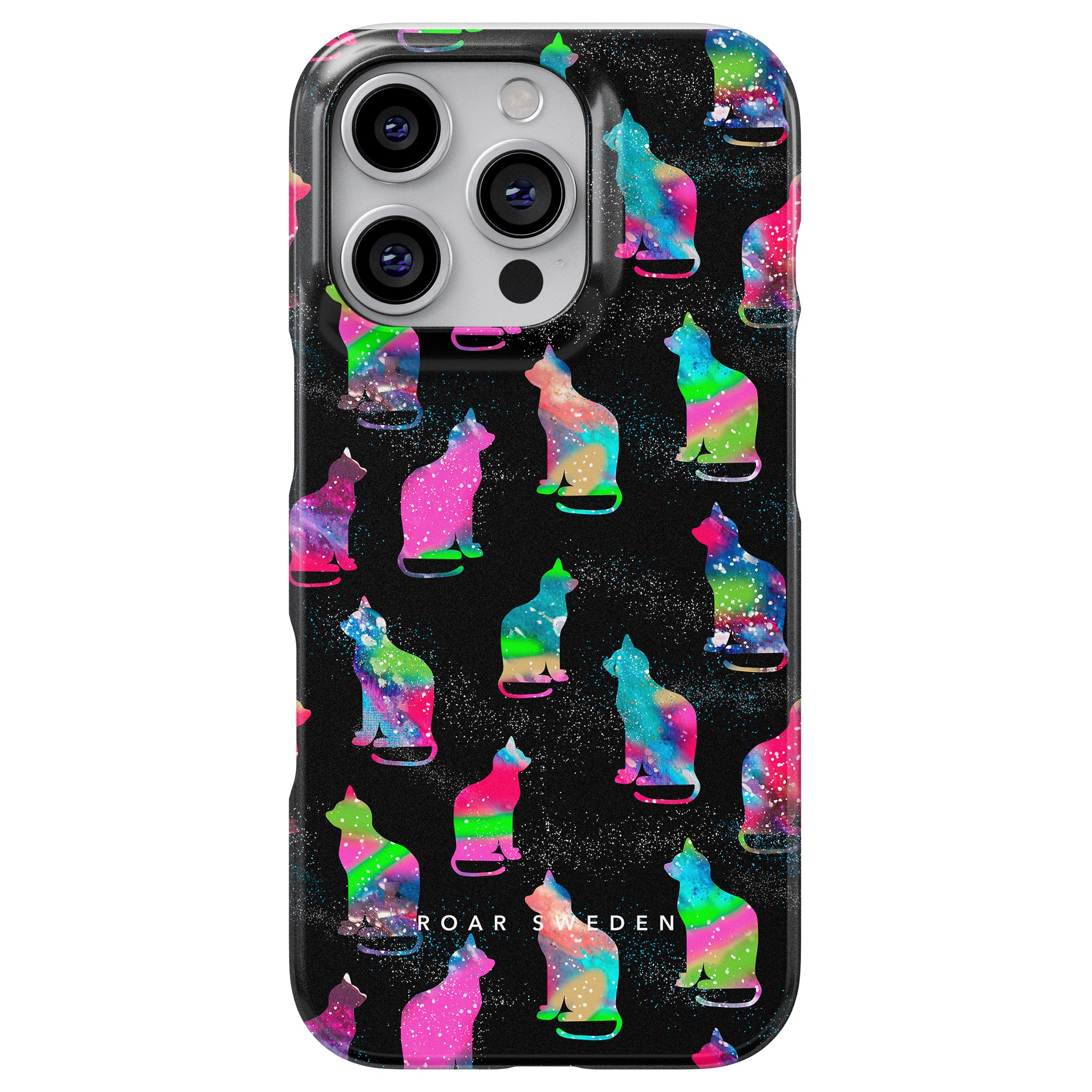 Galaxy Cat - Slim case showcasing a bold pattern of a Galaxy Cat in vibrant, cosmic-style colors on an elegant black background.