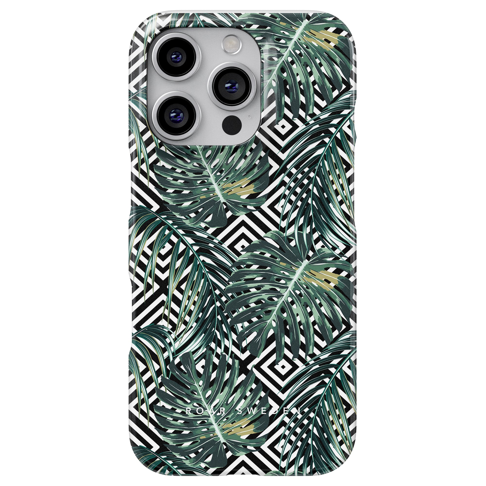 The Geometric Jungle Slim Case features a vibrant design with lush green leaves against a striking black and white geometric jungle backdrop, ideal for those who appreciate artistic geometric patterns.