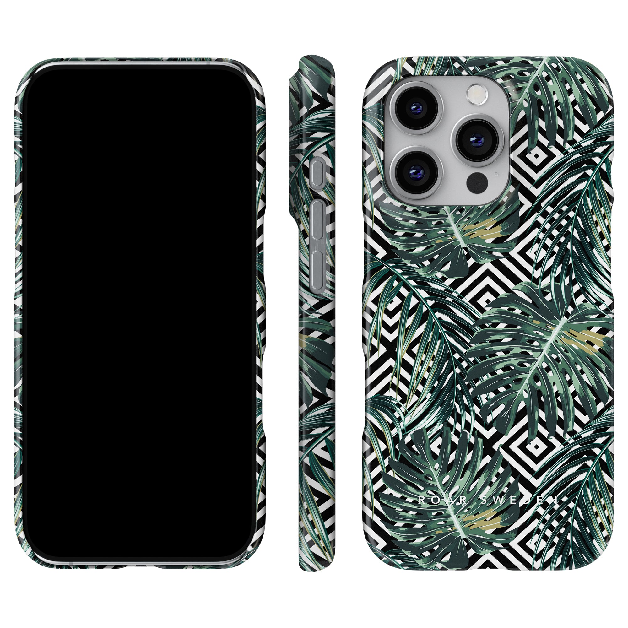 Smartphone with an eye-catching Geometric Jungle - Slim case, displaying front, side, and back views.