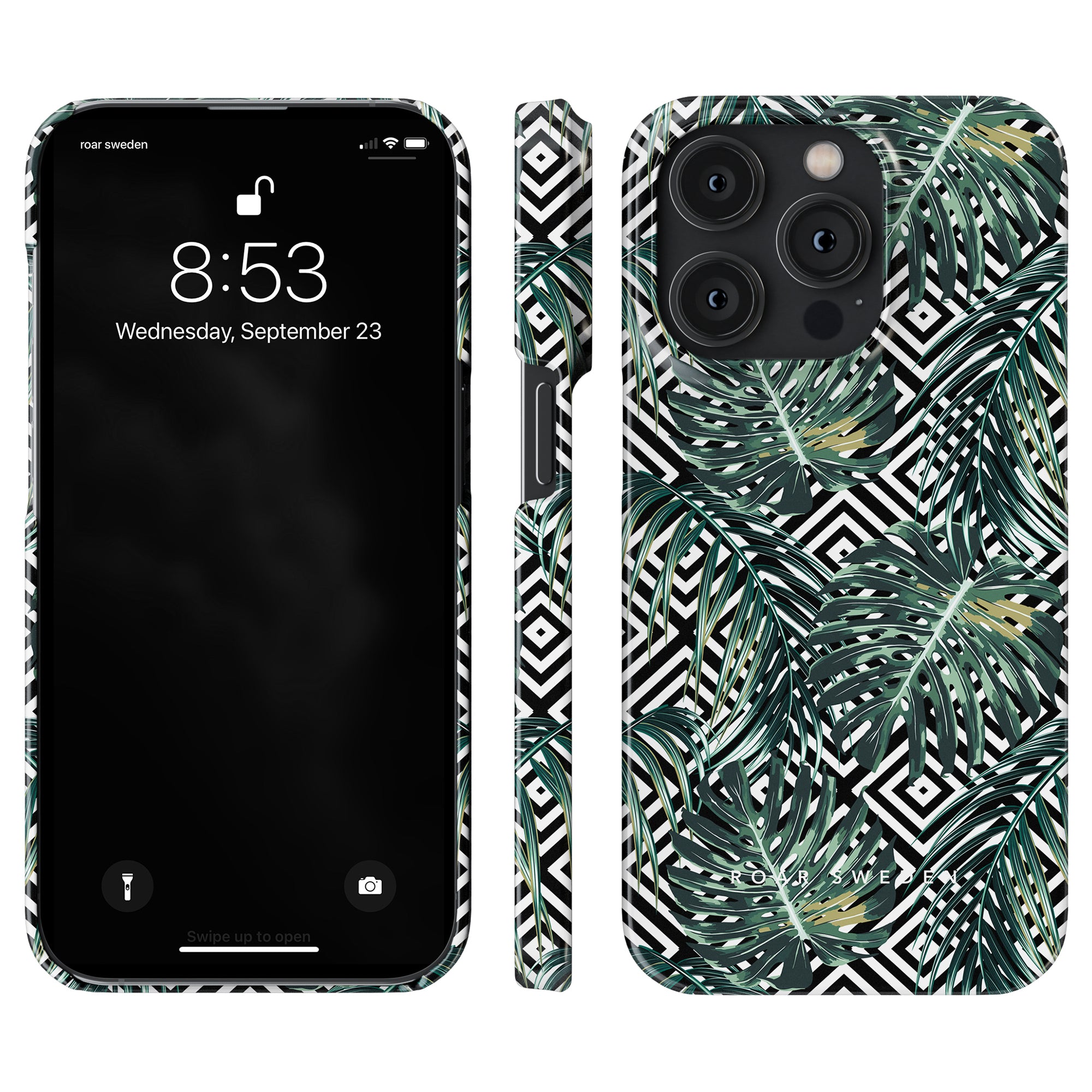 Ett svartvitt telefonfodral med palmblad som utstrålar Printeers Geometric Jungle - Slim fodral.